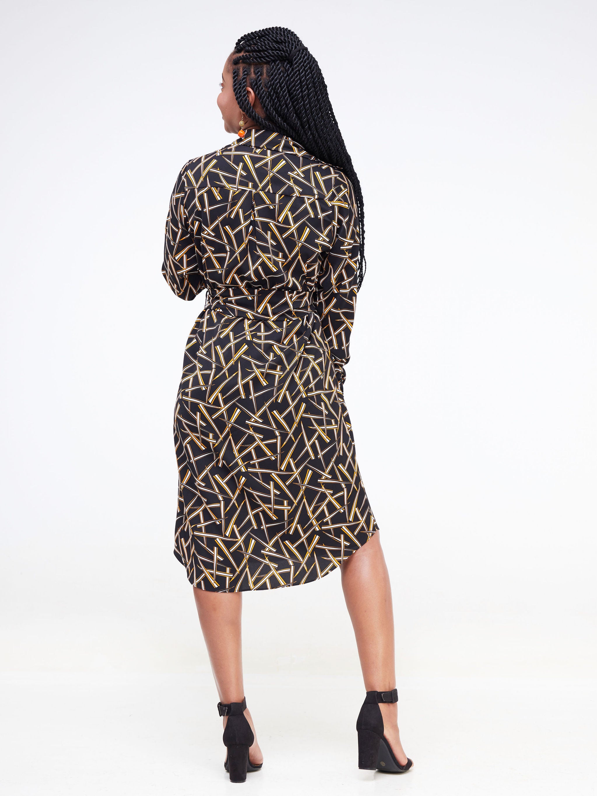 Vivo Basic Knee Length Shirt Dress - Mustard / Black Abstract Print