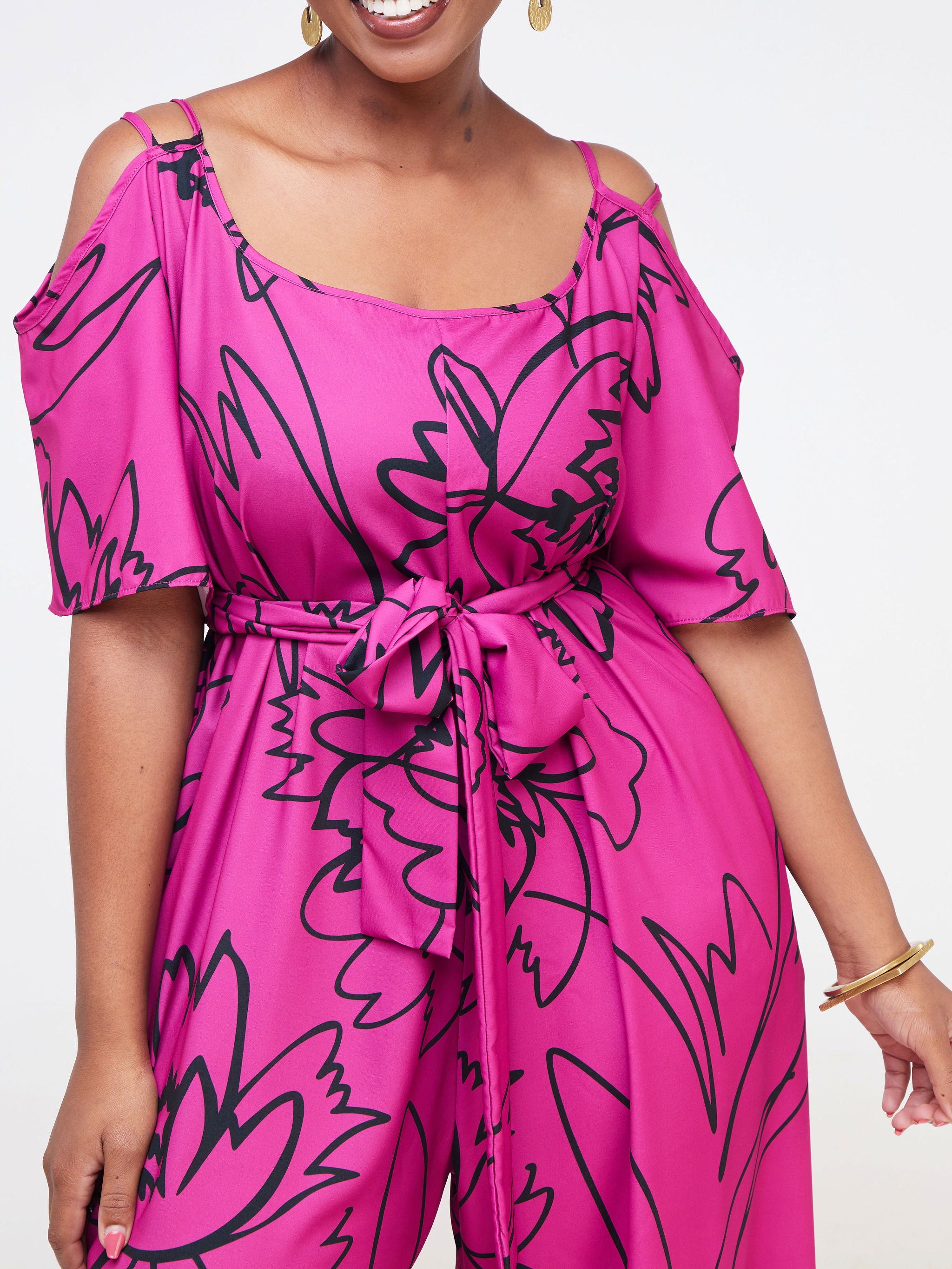 Vivo Dali Strappy Shoulder Jumpsuit - Pink / Black Abstract Print