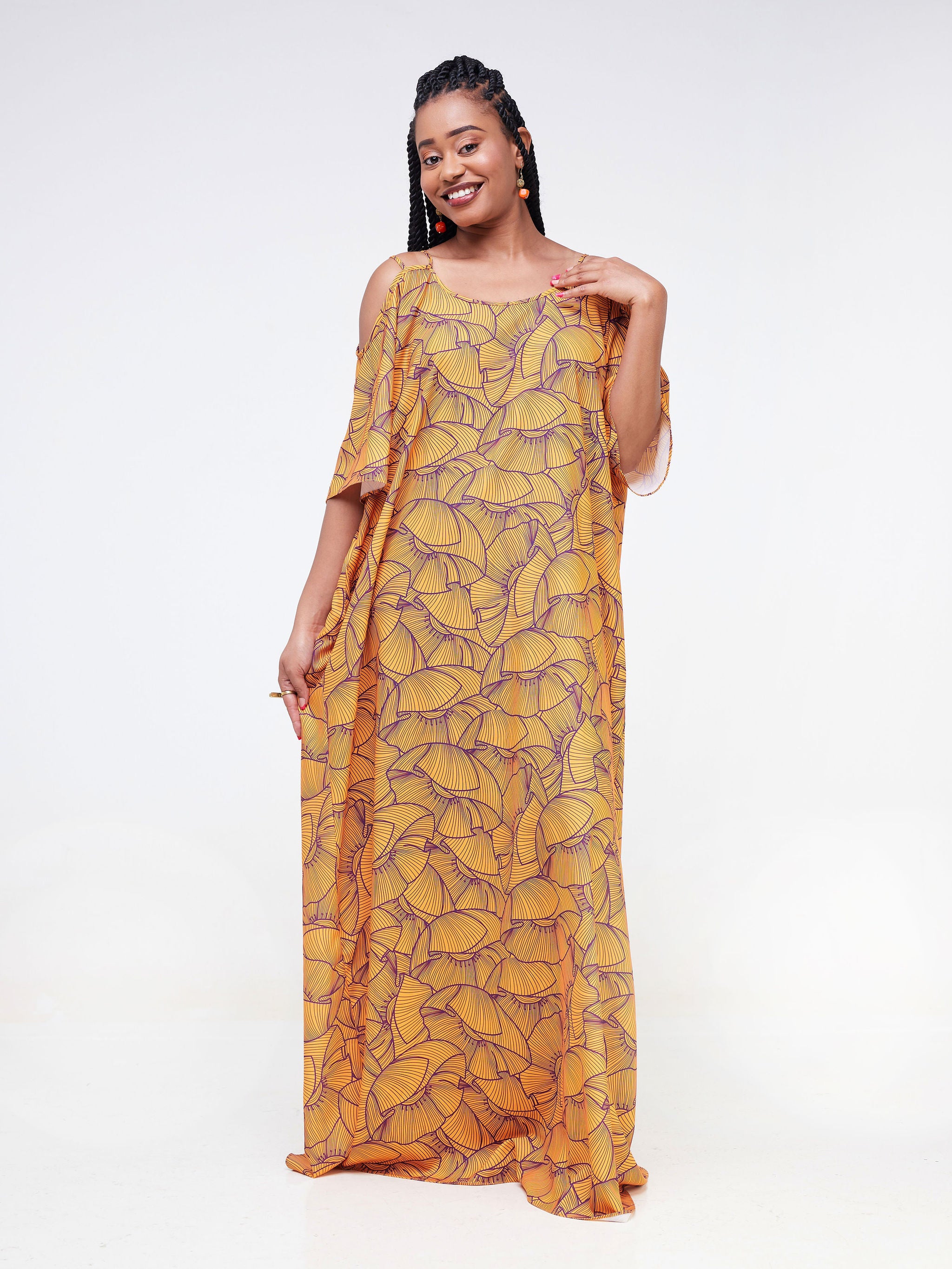 Vivo Dali Strappy Shoulder Tent Maxi Dress - Mustard / Purple Petal Print