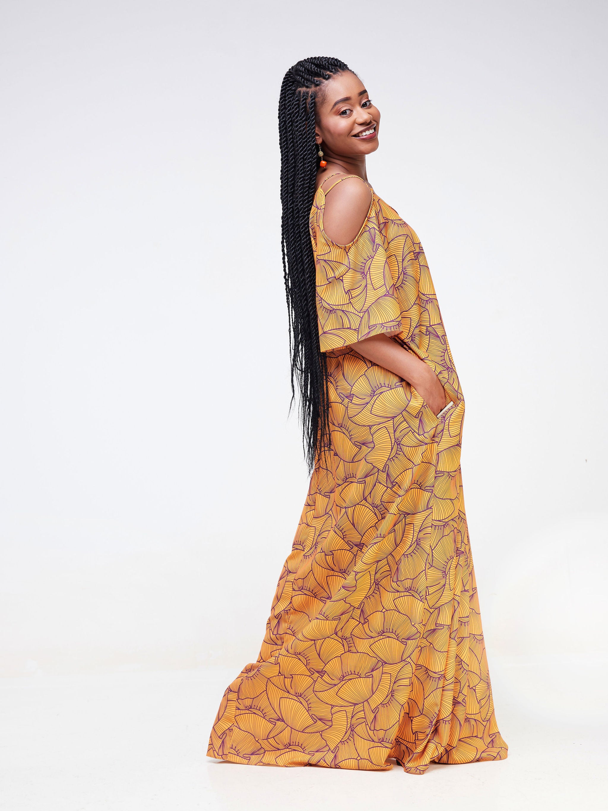 Vivo Dali Strappy Shoulder Tent Maxi Dress - Mustard / Purple Petal Print