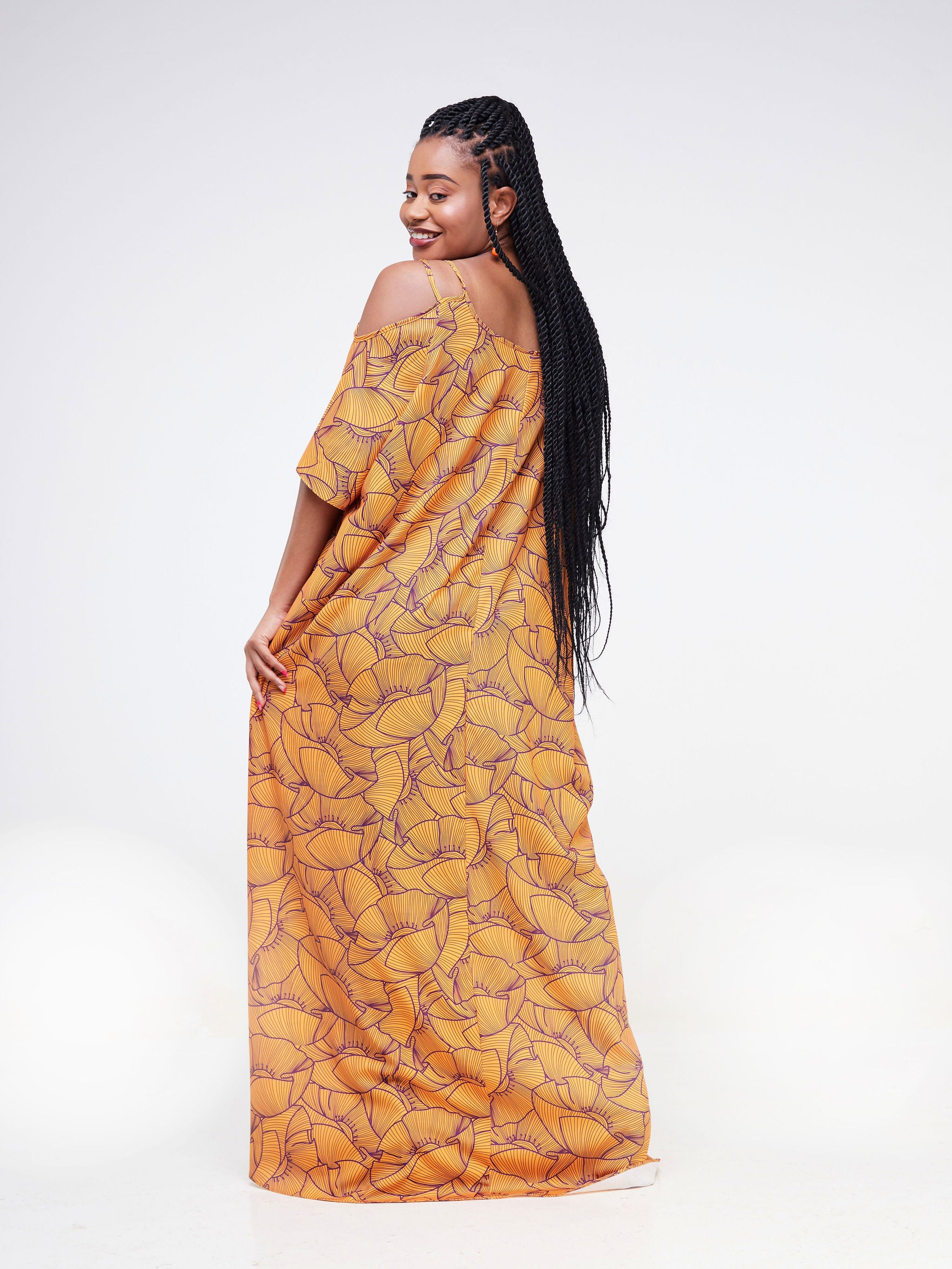 Vivo Dali Strappy Shoulder Tent Maxi Dress - Mustard / Purple Petal Print