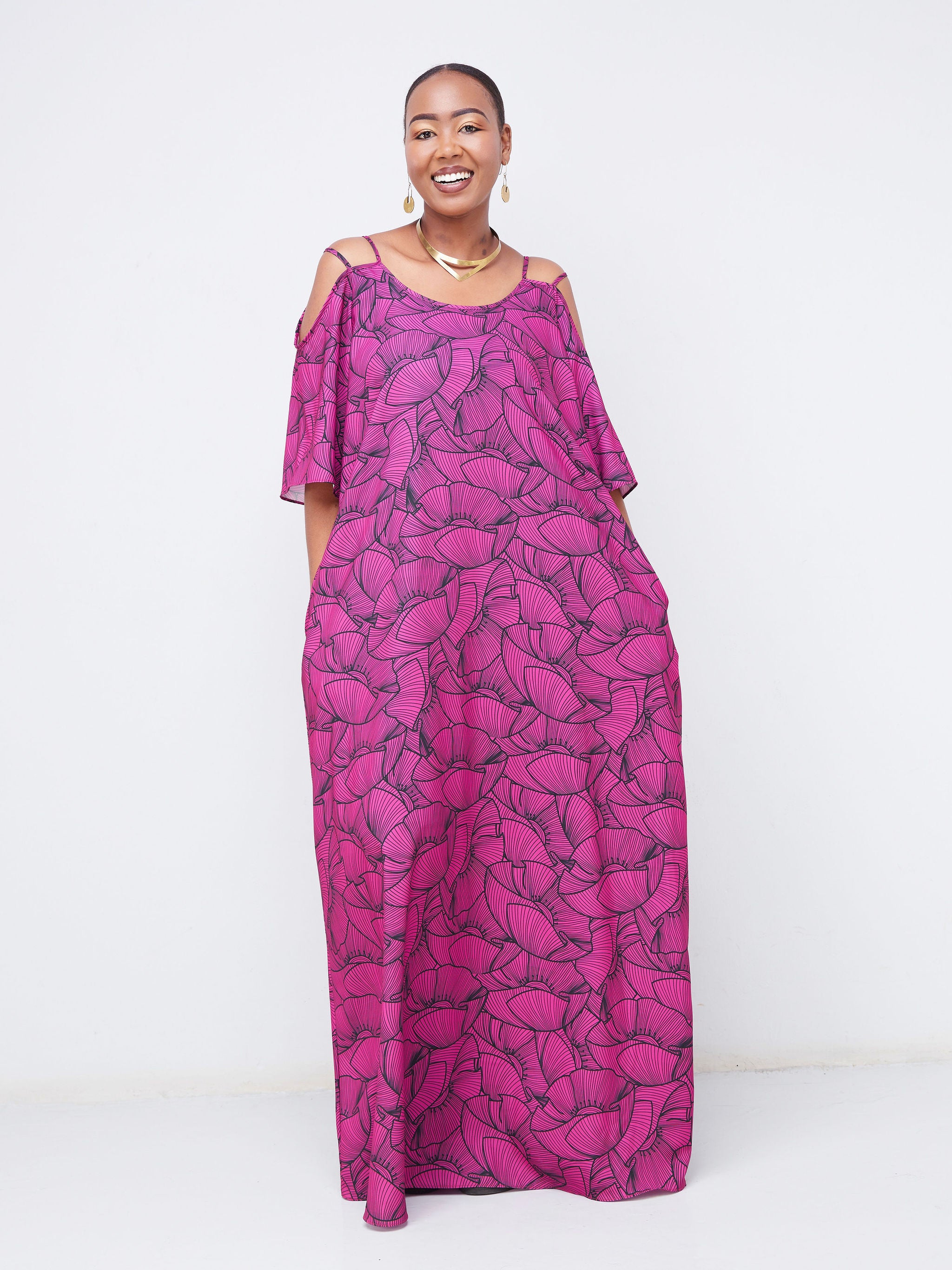 Vivo Dali Strappy Shoulder Tent Maxi Dress - Pink / Black Petal Print