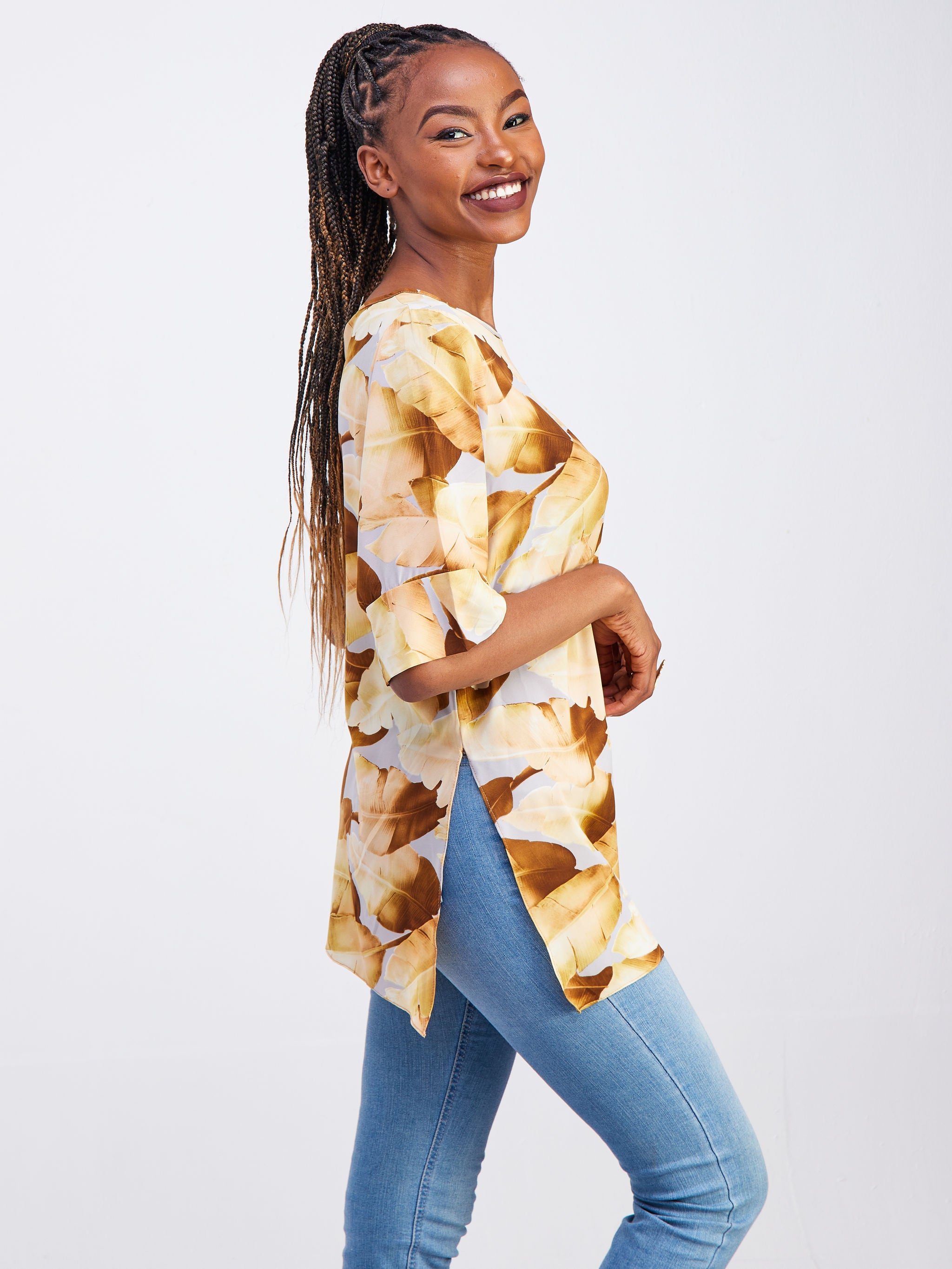 Safari Maisha Tunic Top - Brown/Grey Floral Print