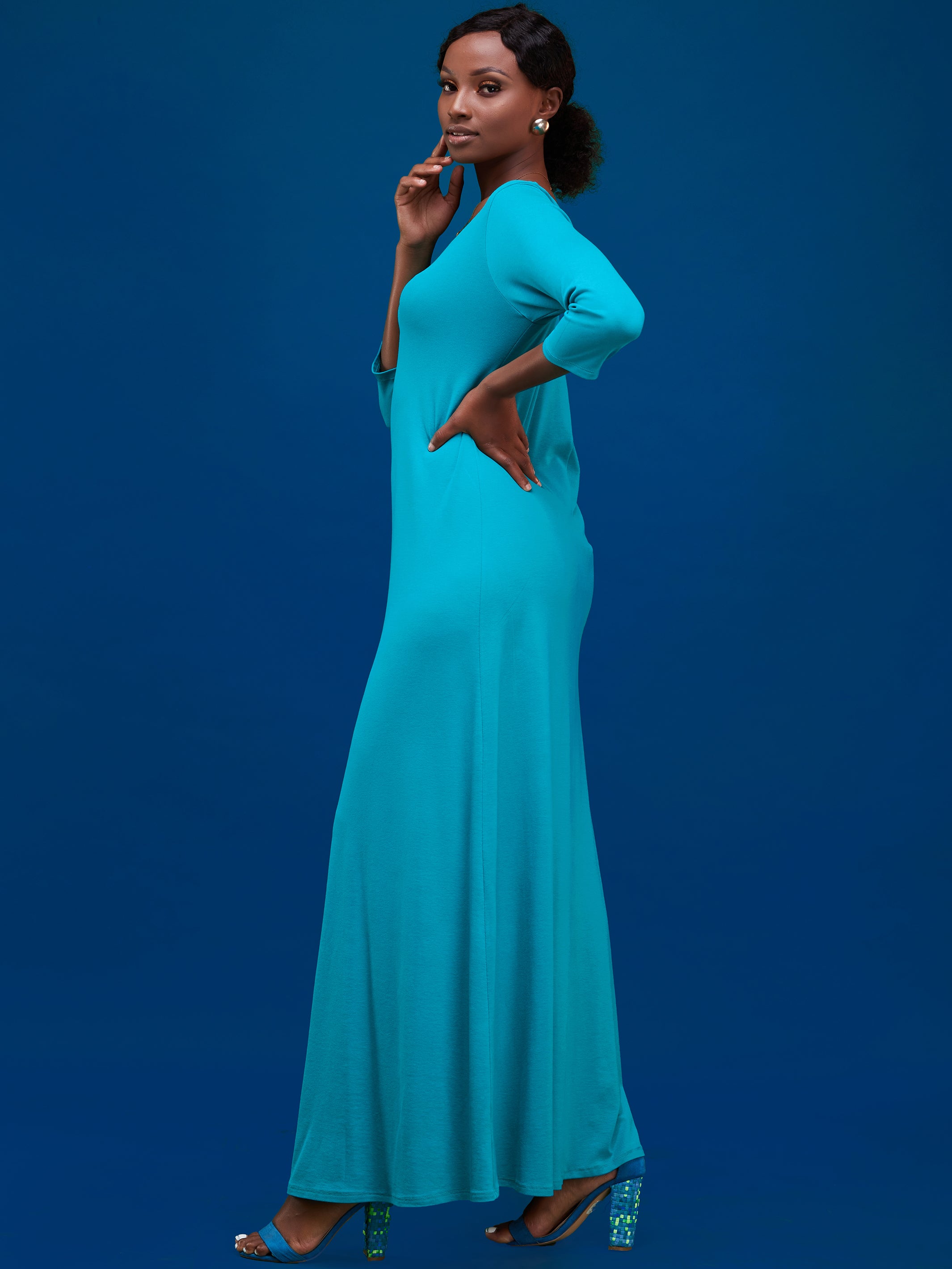 Vivo Basic 3/4 Sleeve A-Line Maxi Dress - Sea Green