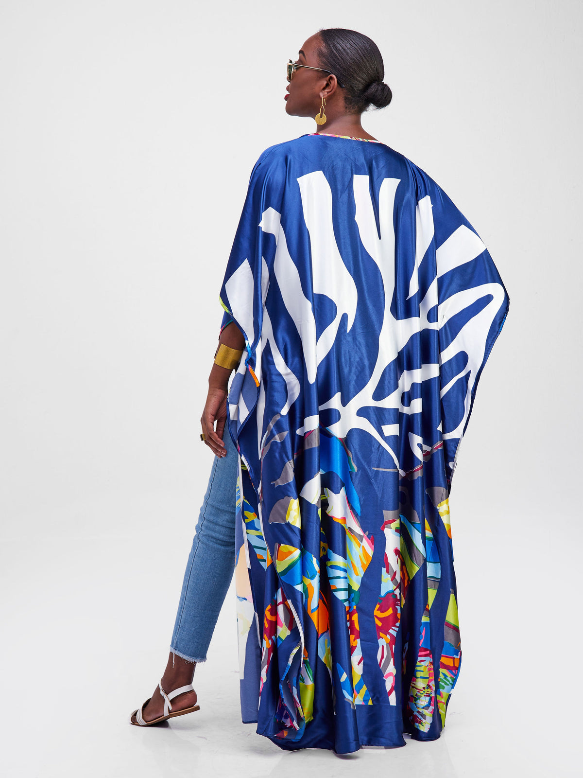 Vivo Diani Satin Maxi Kimono - Navy Blue /Orange Abstract Print | Vivo ...