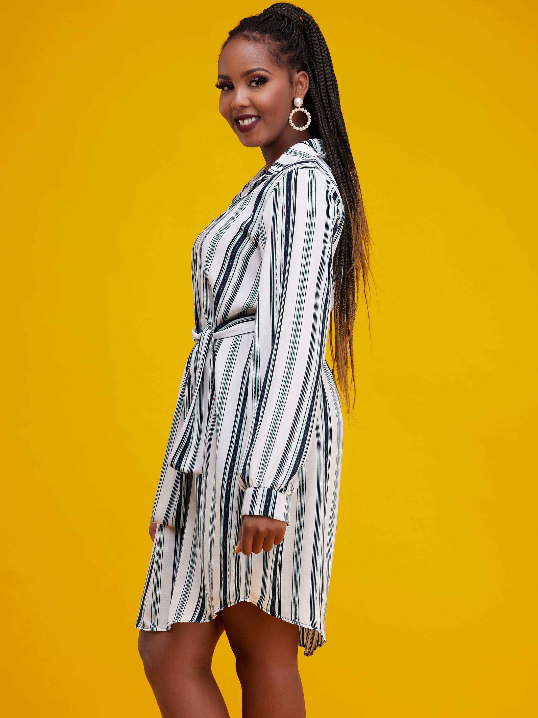 Vivo Tsavo A-Line Dress - White / Green Stripes