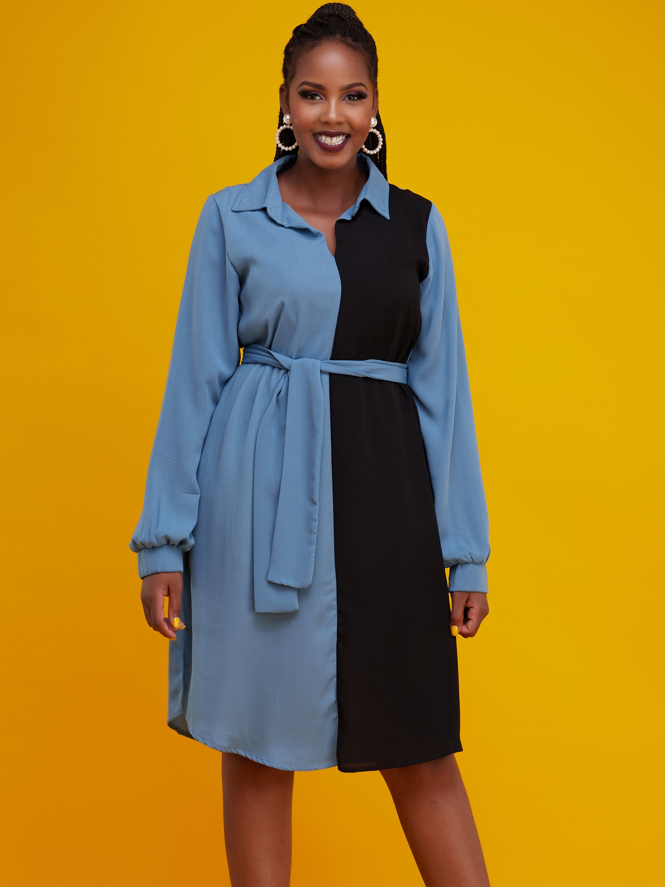 Vivo Zuri Long Sleeved Shirt Dress - Light Blue / Black