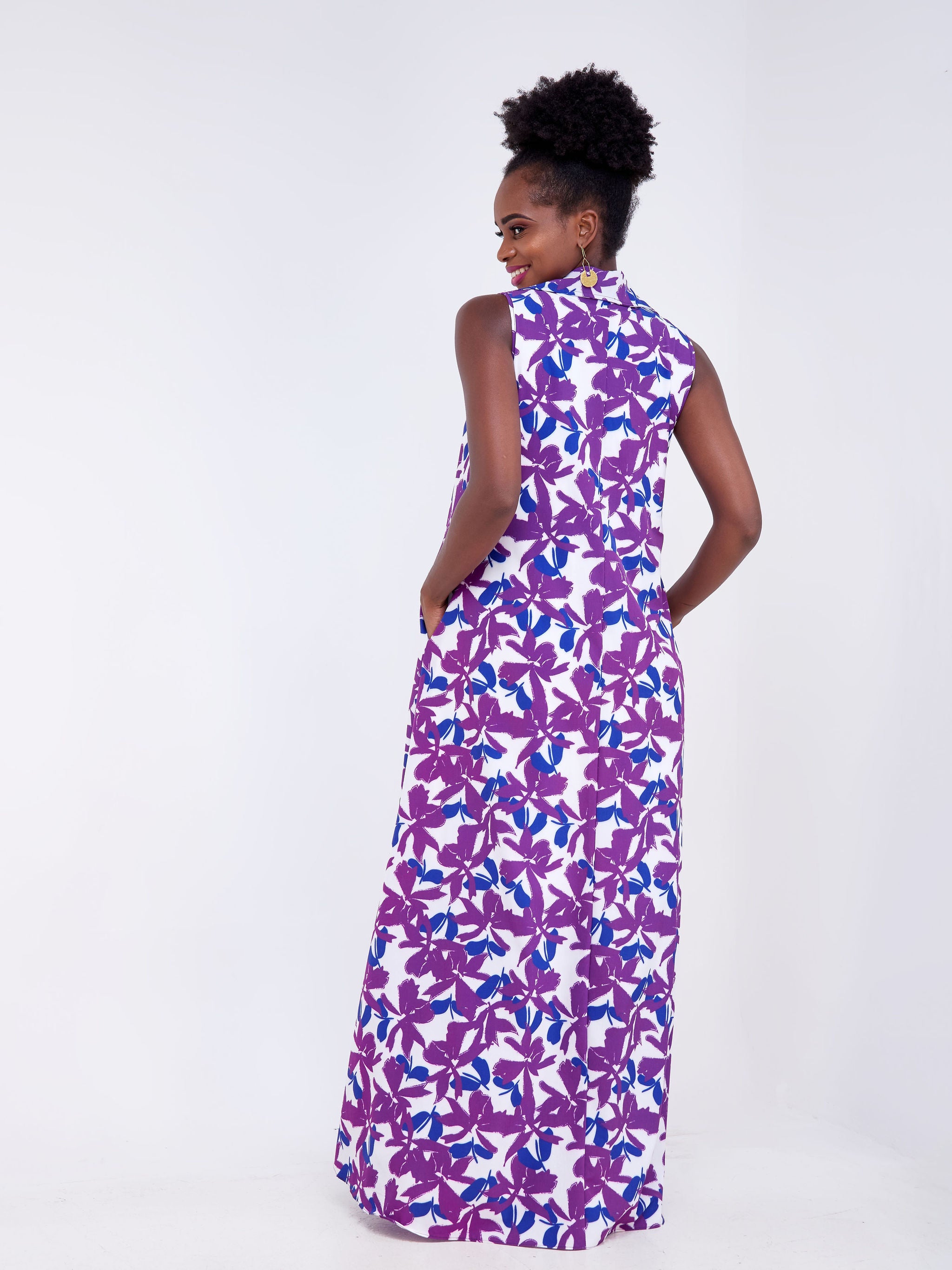 Vivo Zuri Sleeveless Tent Maxi Dress - Purple / White Floral Print