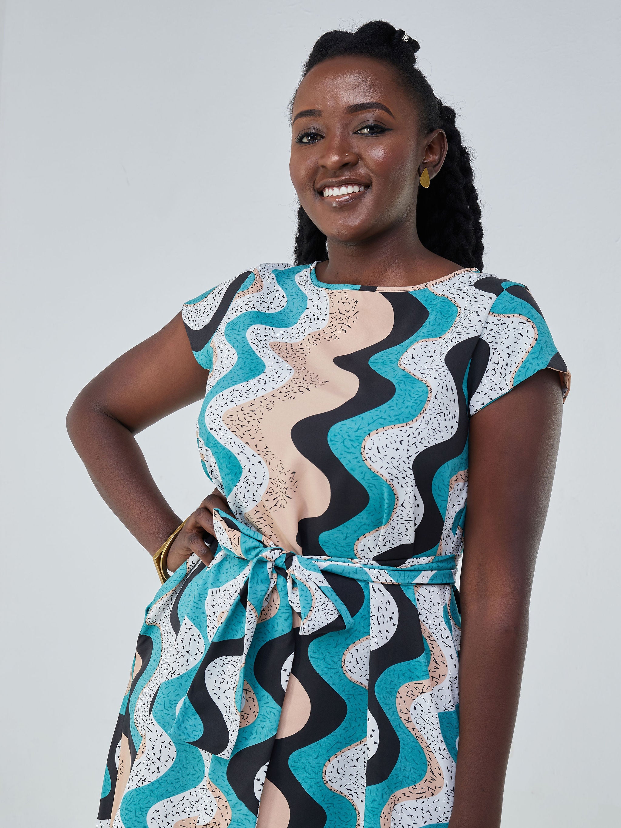 Vivo Basic Cap Sleeve Knee Length Tent Dress - Sea Green / Black Print