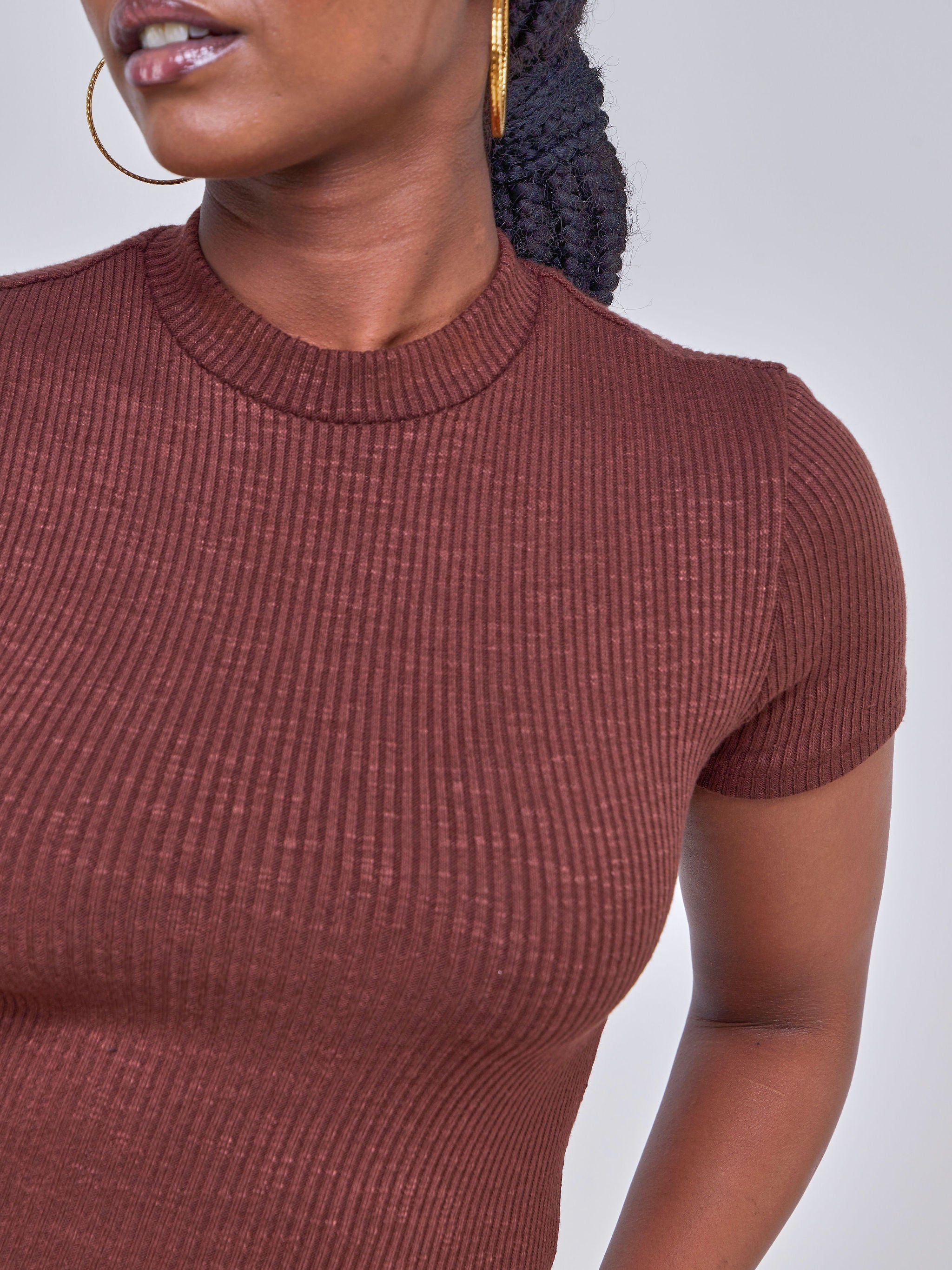 Popular 21 Ribbed Short-Sleeved Dress - Rum Raisin
