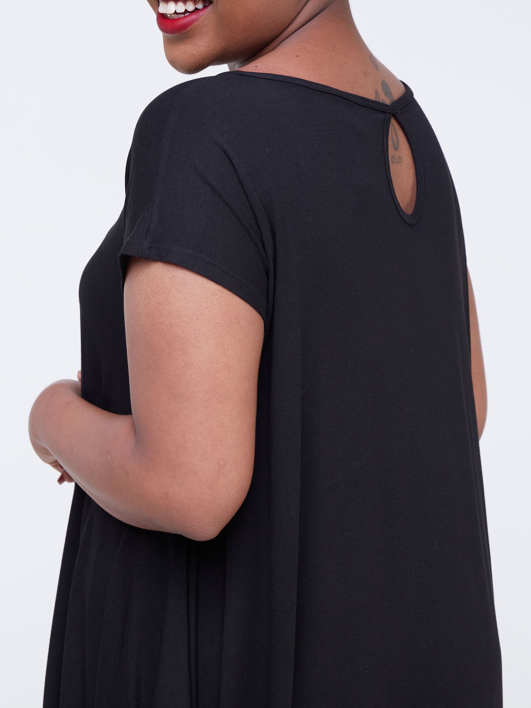 Vivo Lumi Drop Shoulder Side Cowl Drape Dress - Black