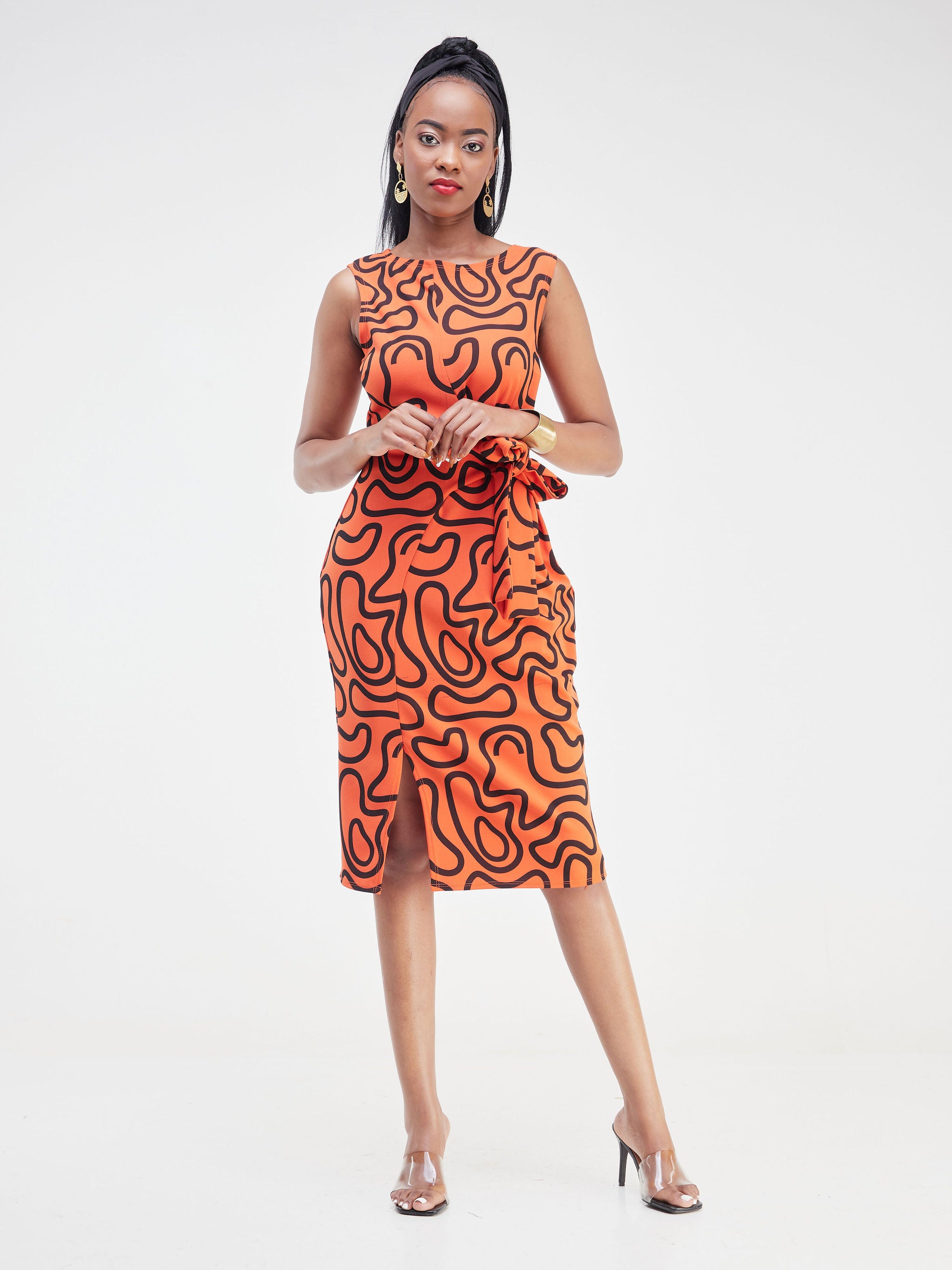 Vivo Imara Sleeveless Front Tie Dress - Orange / Black Spiral Abstract Print