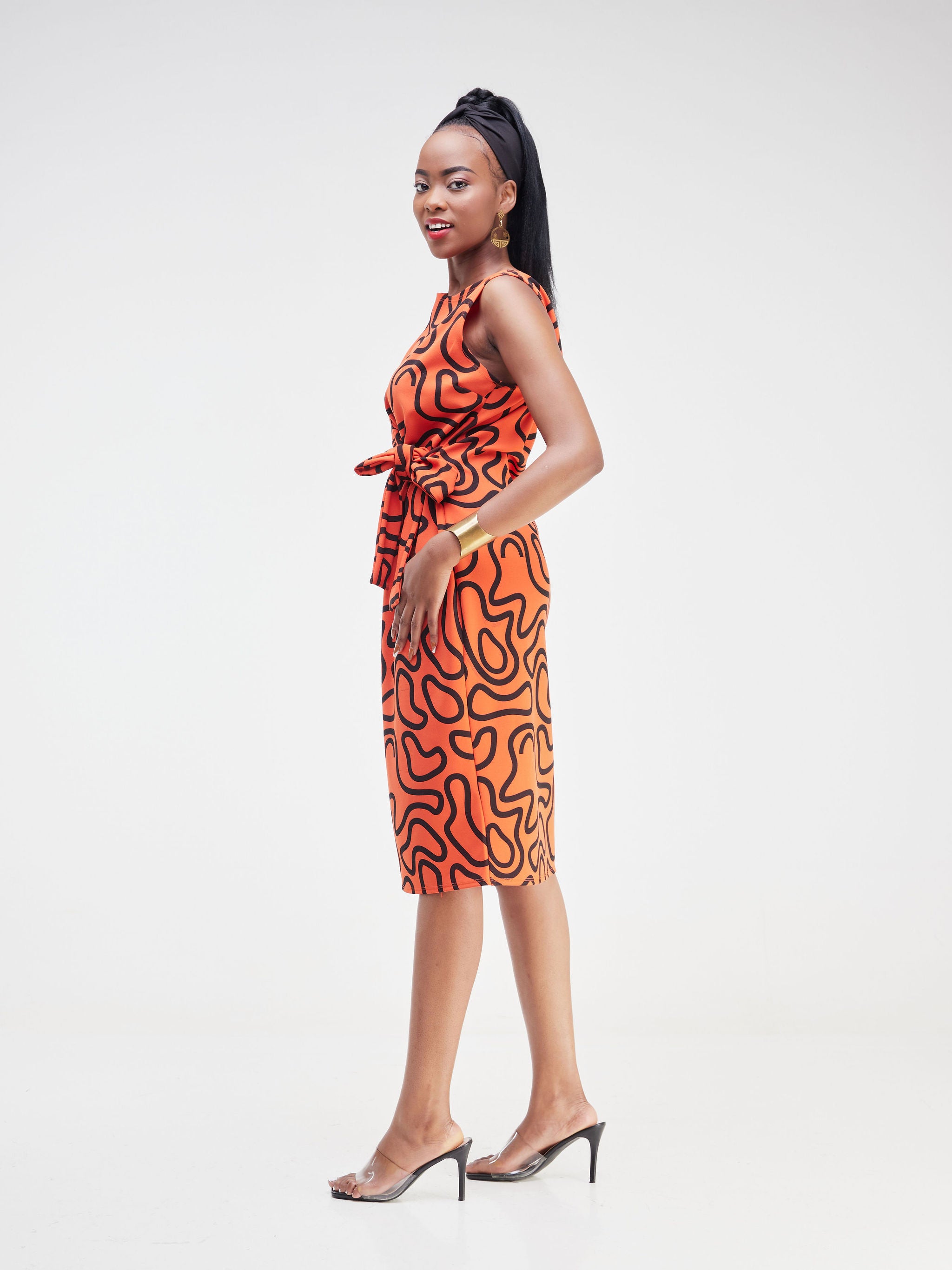 Vivo Imara Sleeveless Front Tie Dress - Orange / Black Spiral Abstract Print