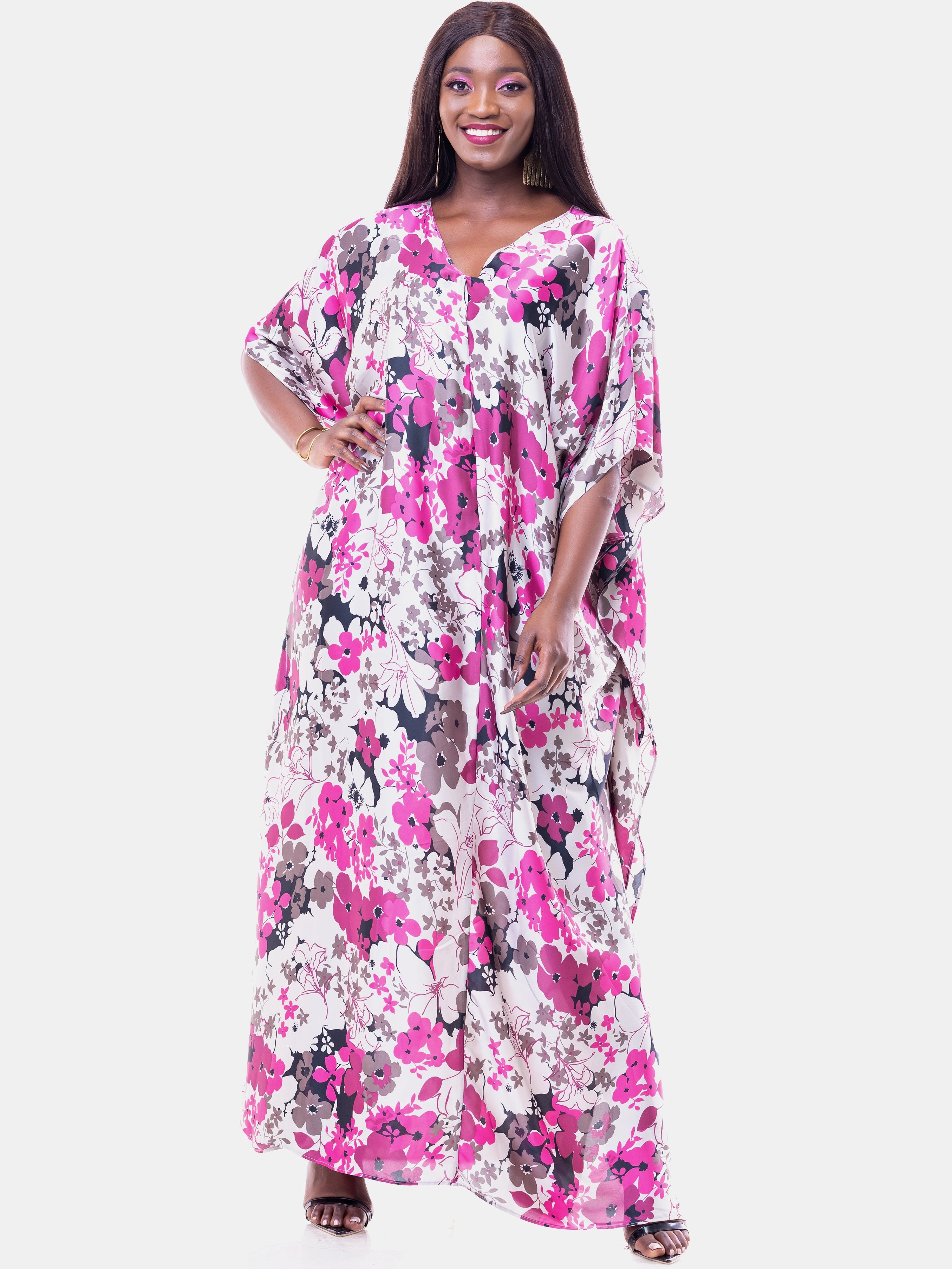 Sowairina Lea Satin Kaftan - Pink Print - Shop Zetu