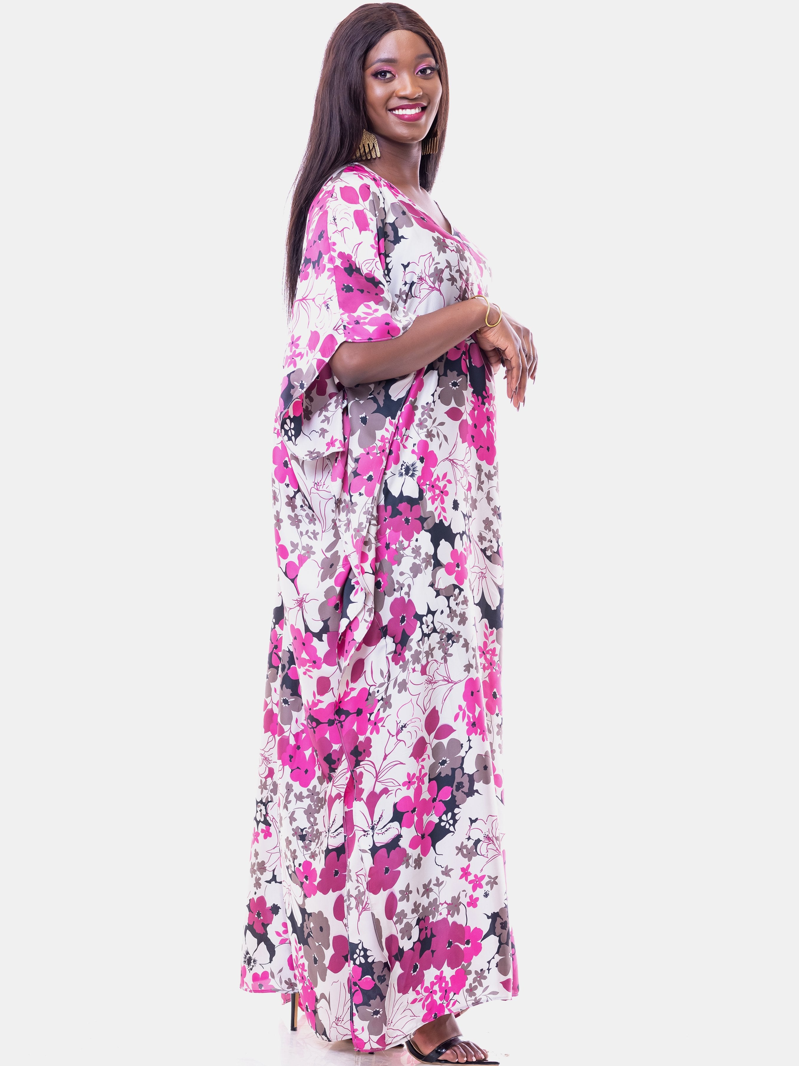 Sowairina Lea Satin Kaftan - Pink Print - Shop Zetu