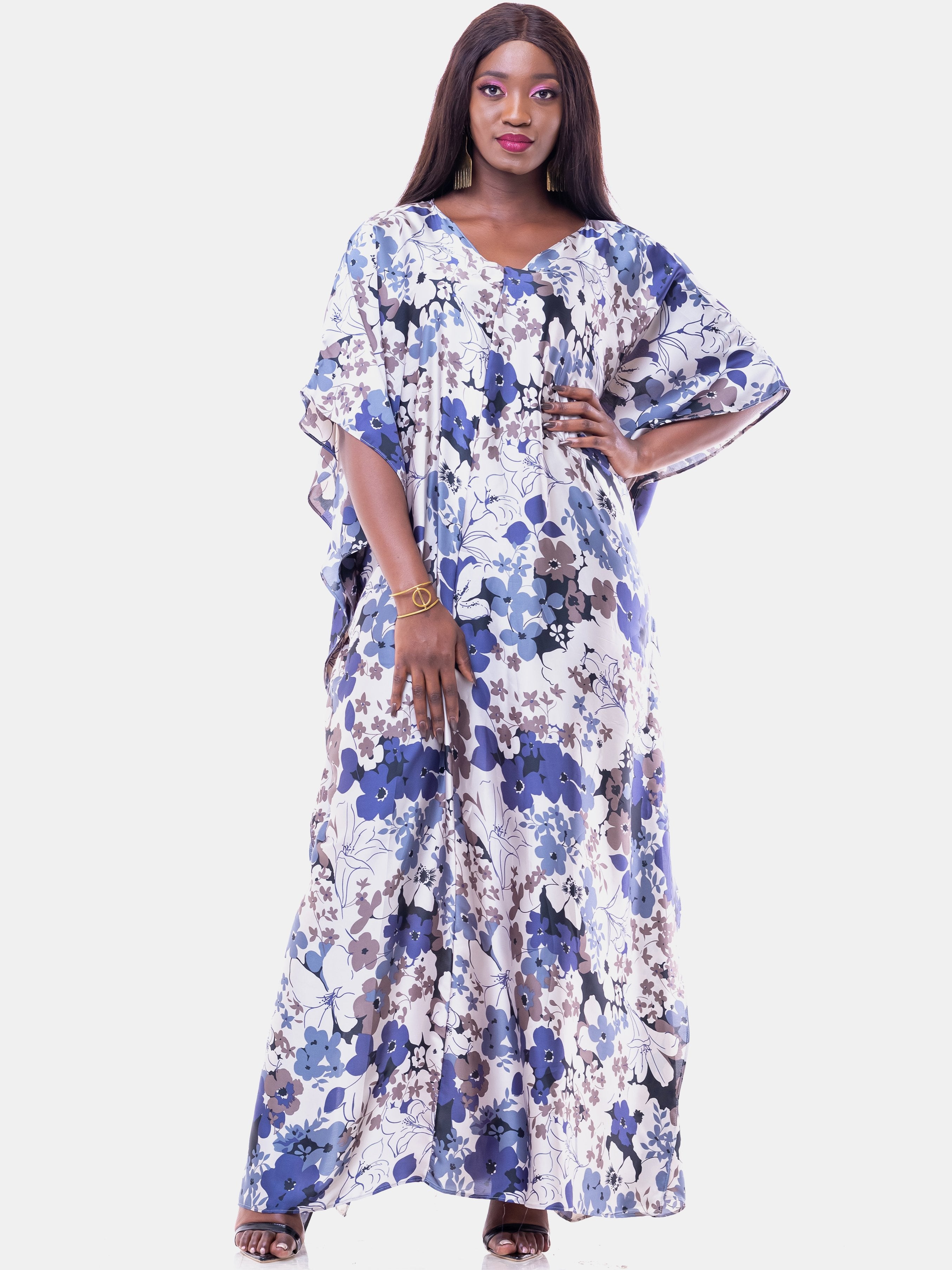 Sowairina Lea Satin Kaftan - Blue Print - Shop Zetu