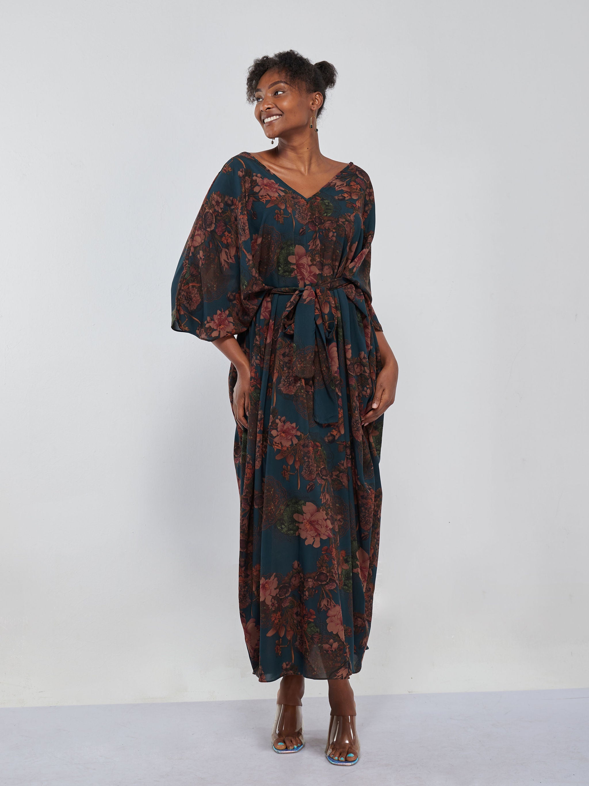 Safari Maisha Dolman Maxi Kaftan - Dark Brown / Teal Floral Print