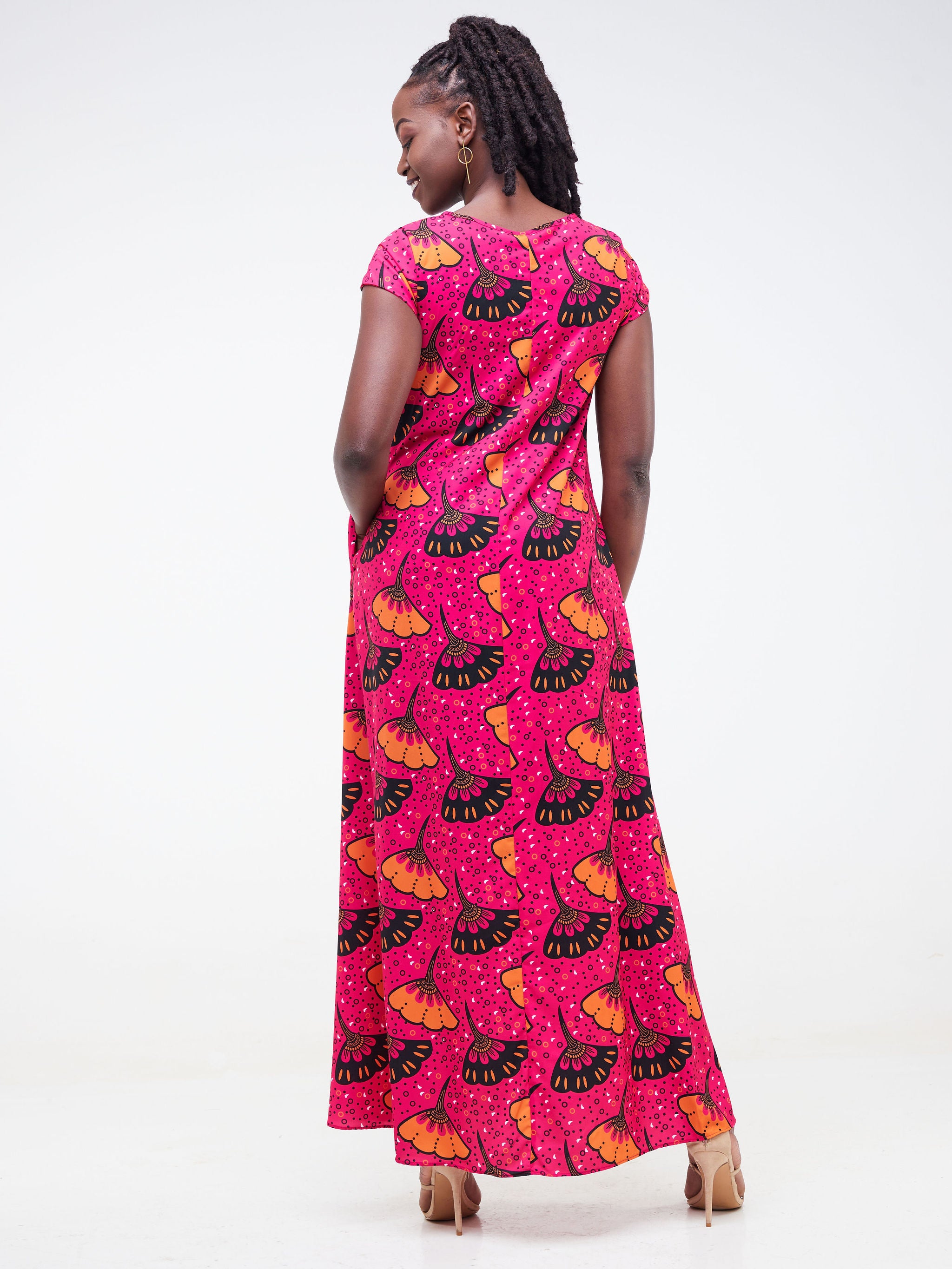 Vivo Basic Cap Sleeved Tent Maxi Dress - Pink / Orange Floral Print