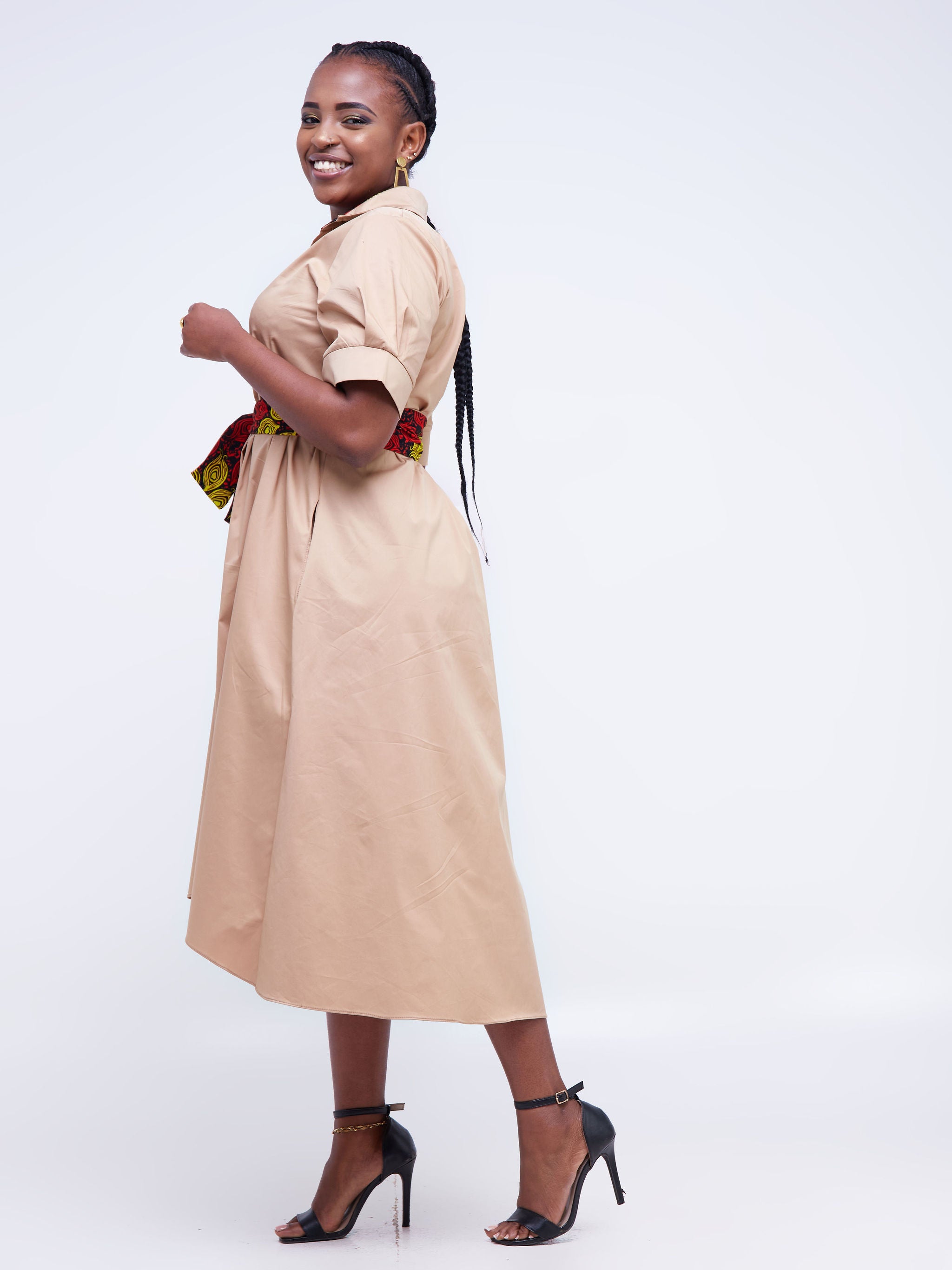 Safari Huru Short Sleeved Midi A-Line Dress - Taupe