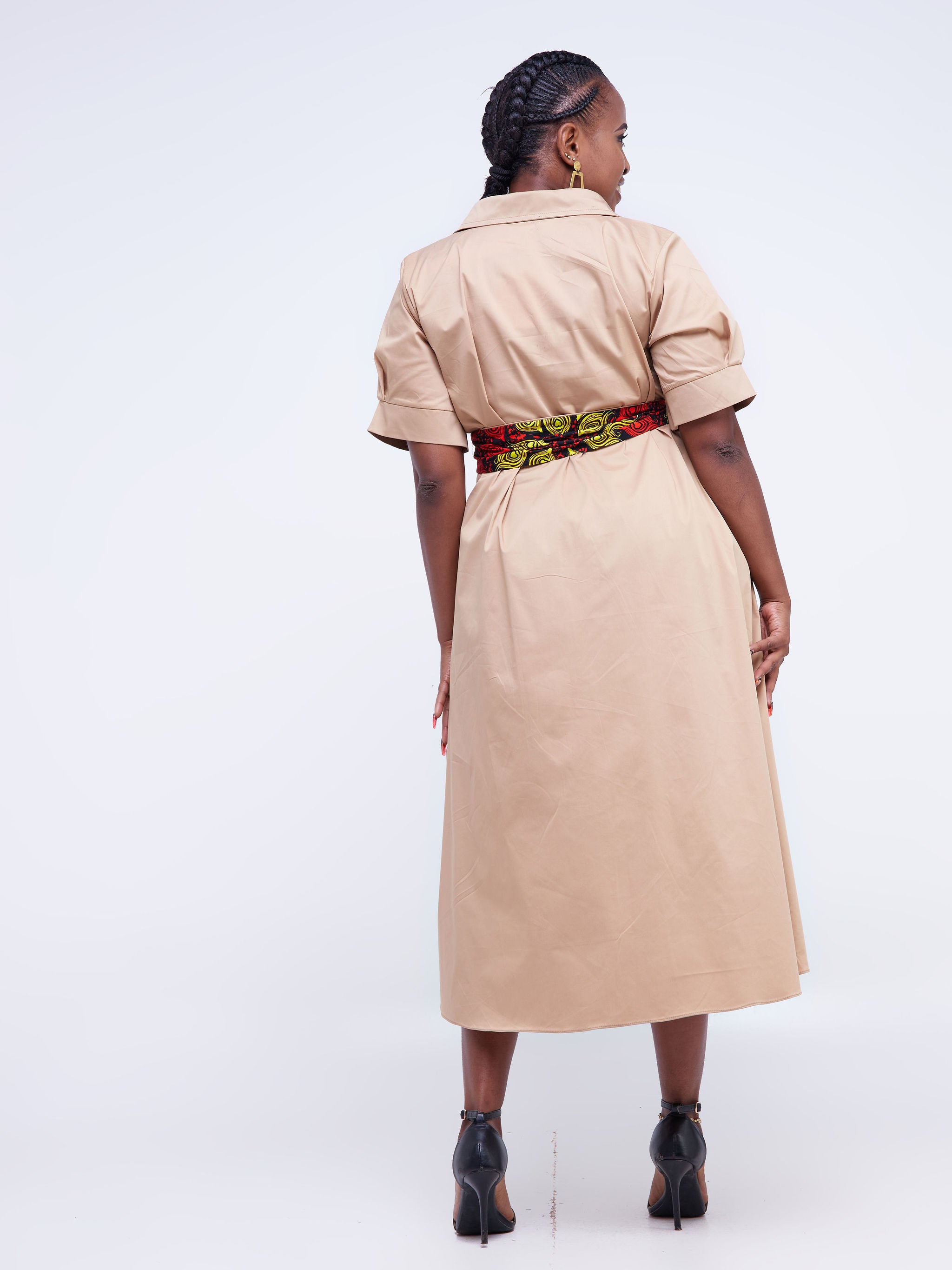 Safari Huru Short Sleeved Midi A-Line Dress - Taupe