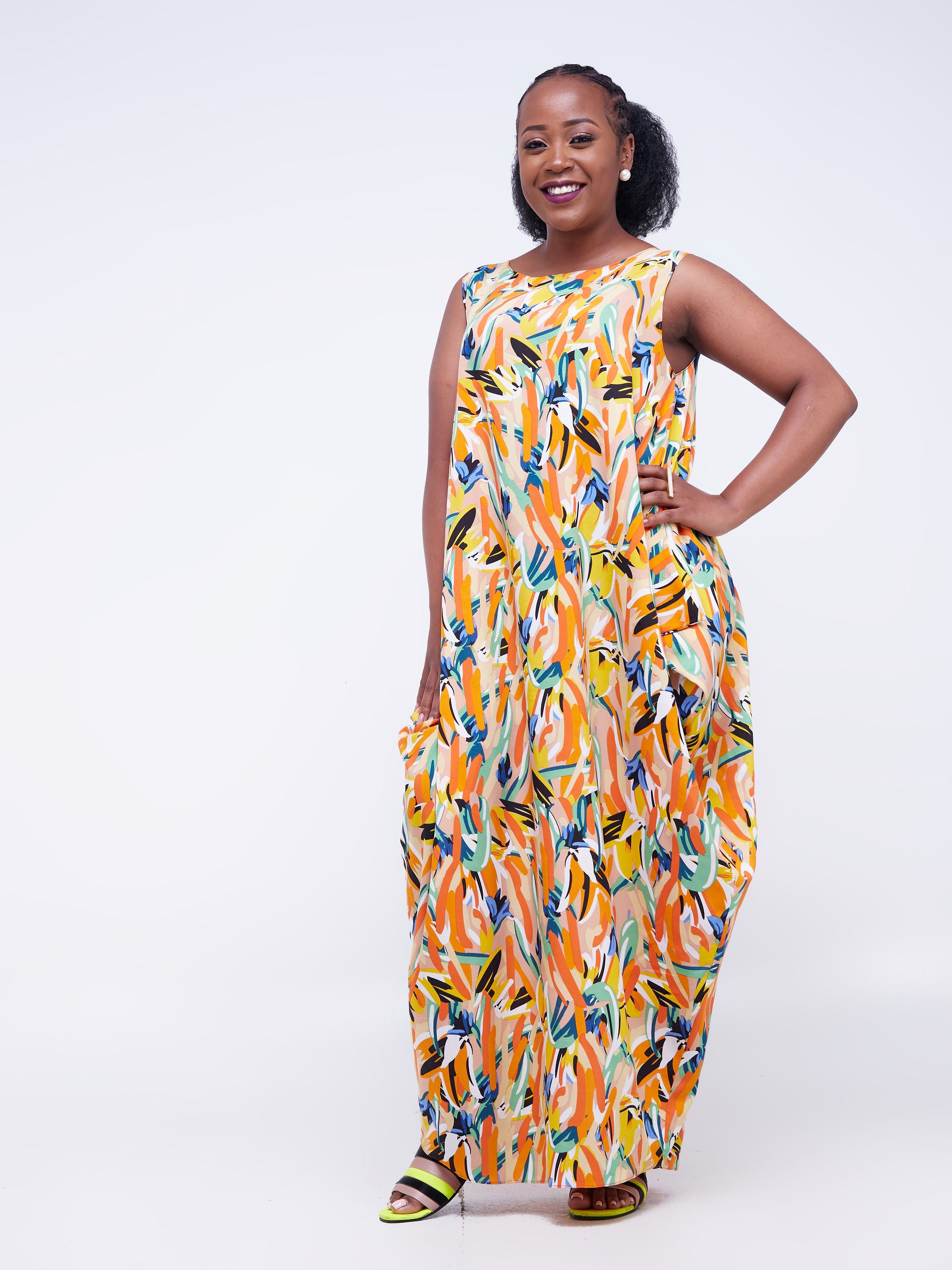 Vivo Alek Side Cowl Sleeveless Maxi Dress - Orange / Taupe Abstract Print