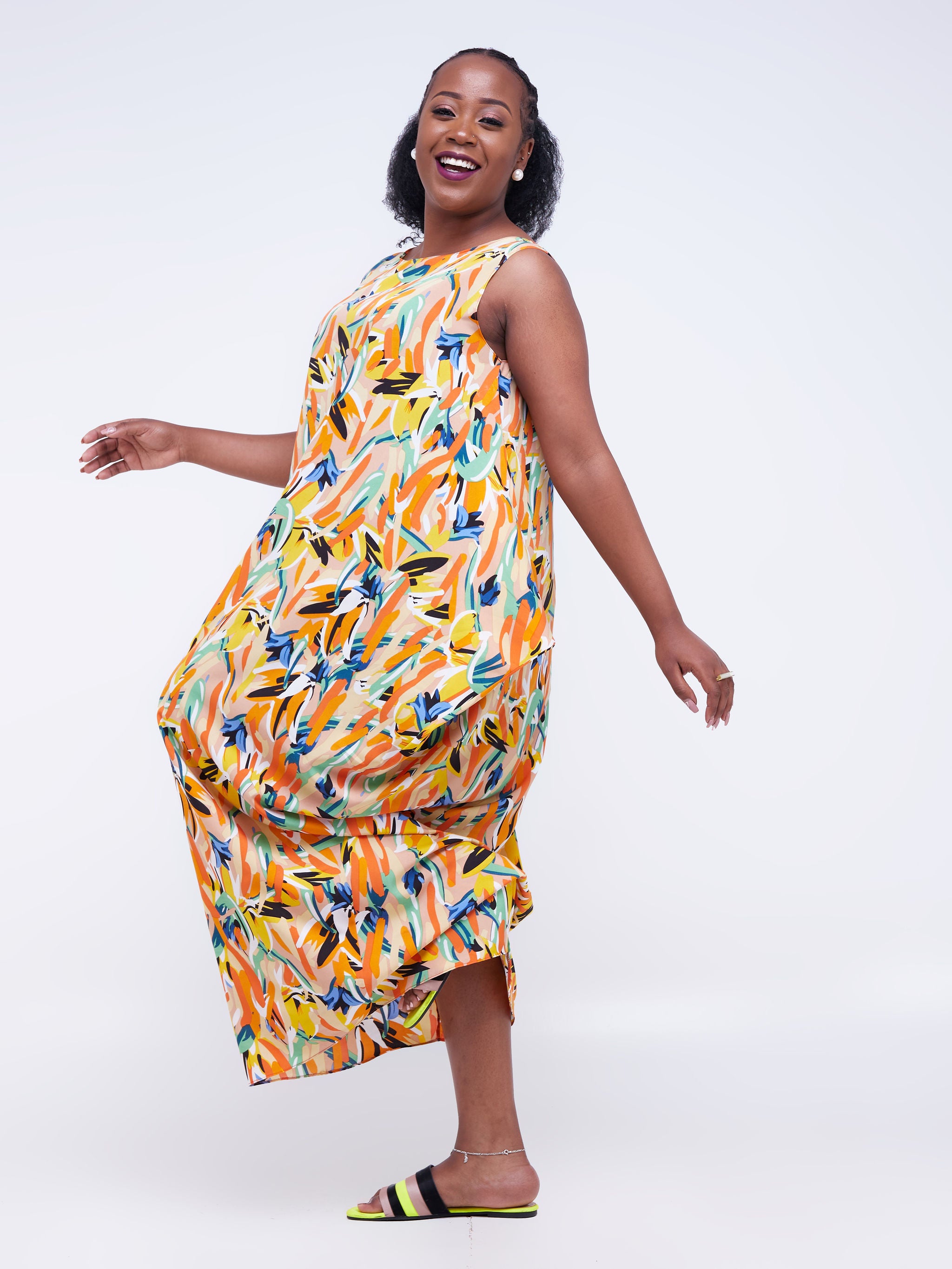 Vivo Alek Side Cowl Sleeveless Maxi Dress - Orange / Taupe Abstract Print