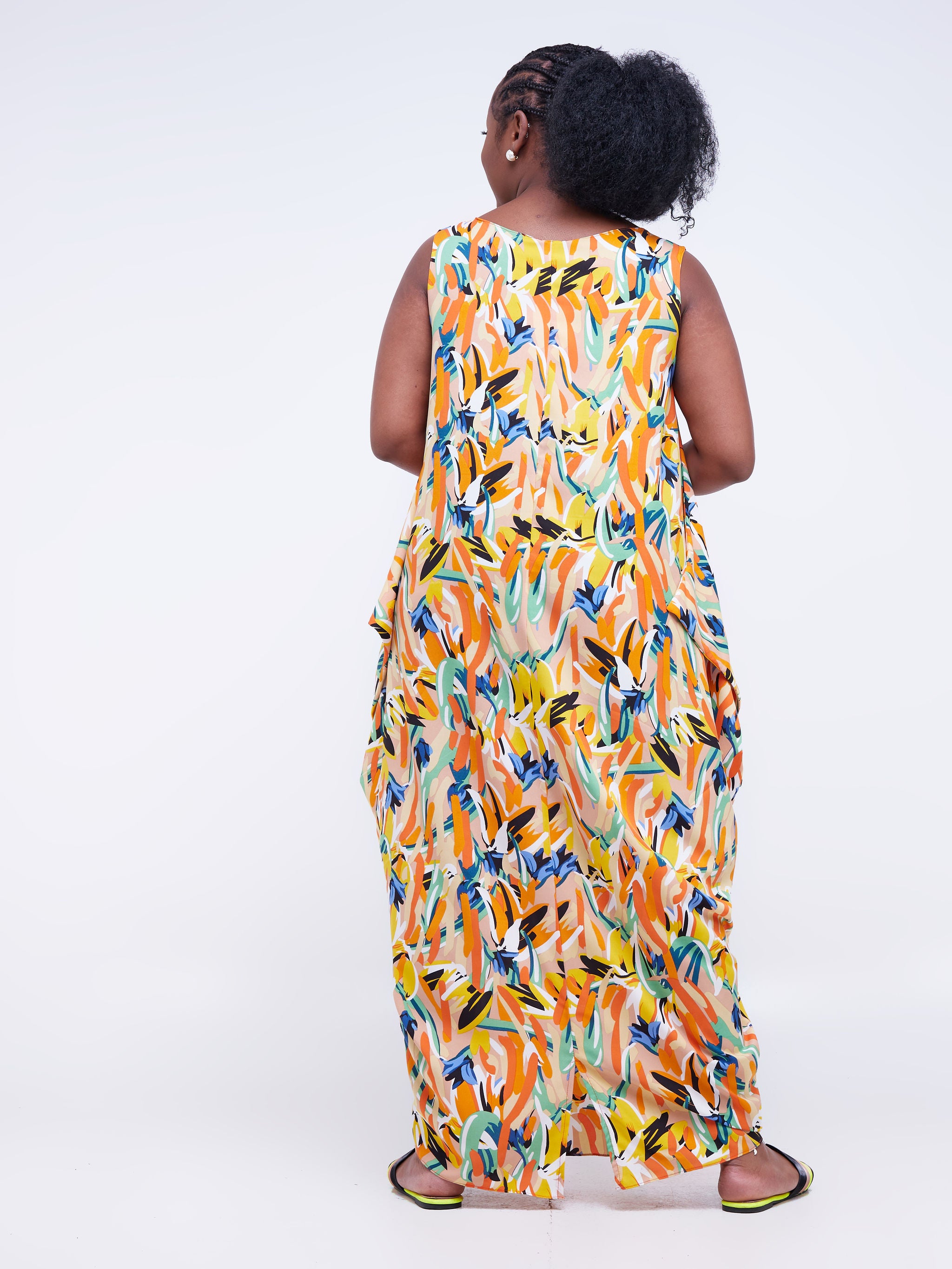 Vivo Alek Side Cowl Sleeveless Maxi Dress - Orange / Taupe Abstract Print