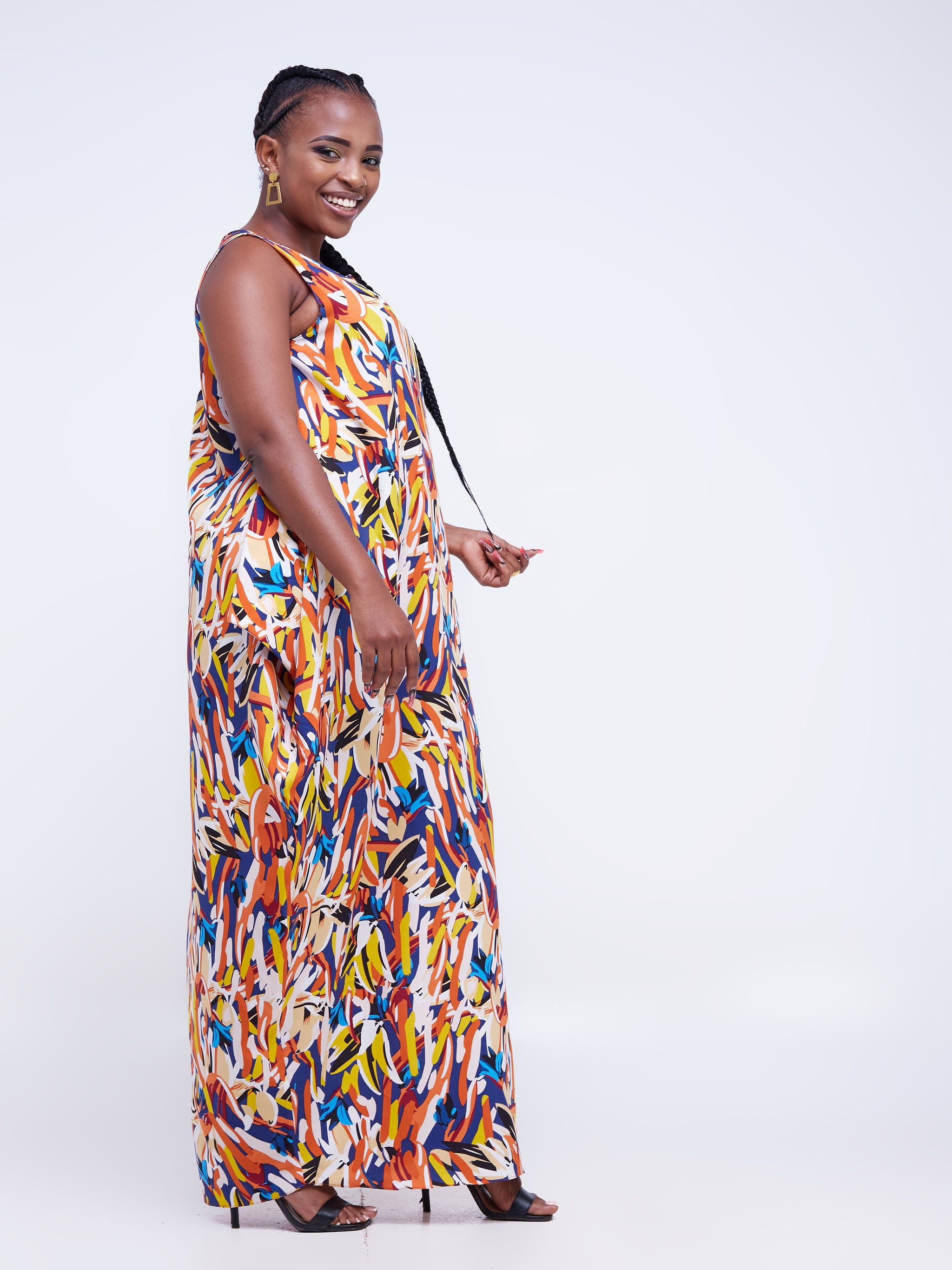 Vivo Alek Side Cowl Sleeveless Maxi Dress - Orange / Navy Blue Abstract Print