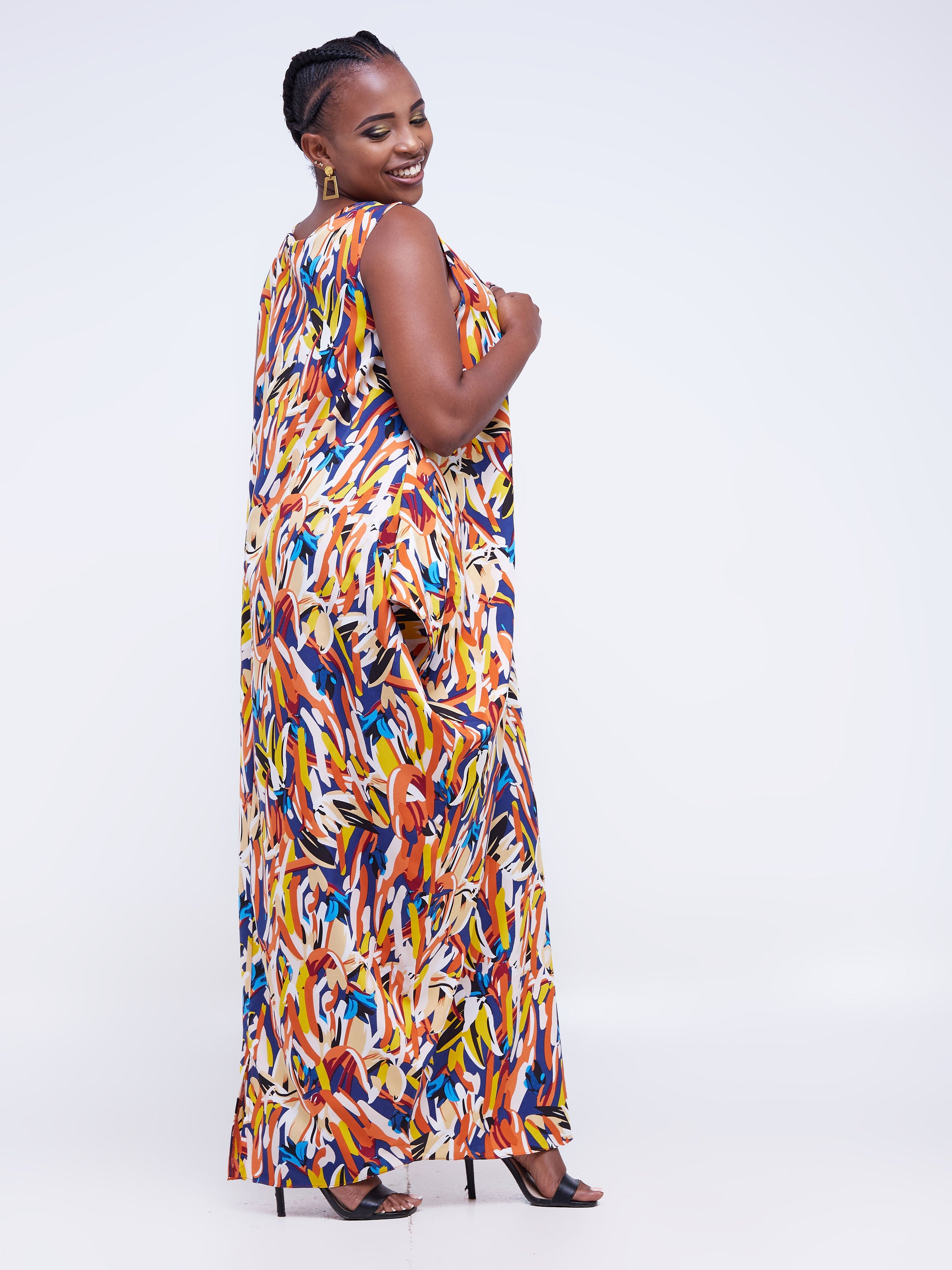 Vivo Alek Side Cowl Sleeveless Maxi Dress - Orange / Navy Blue Abstract Print