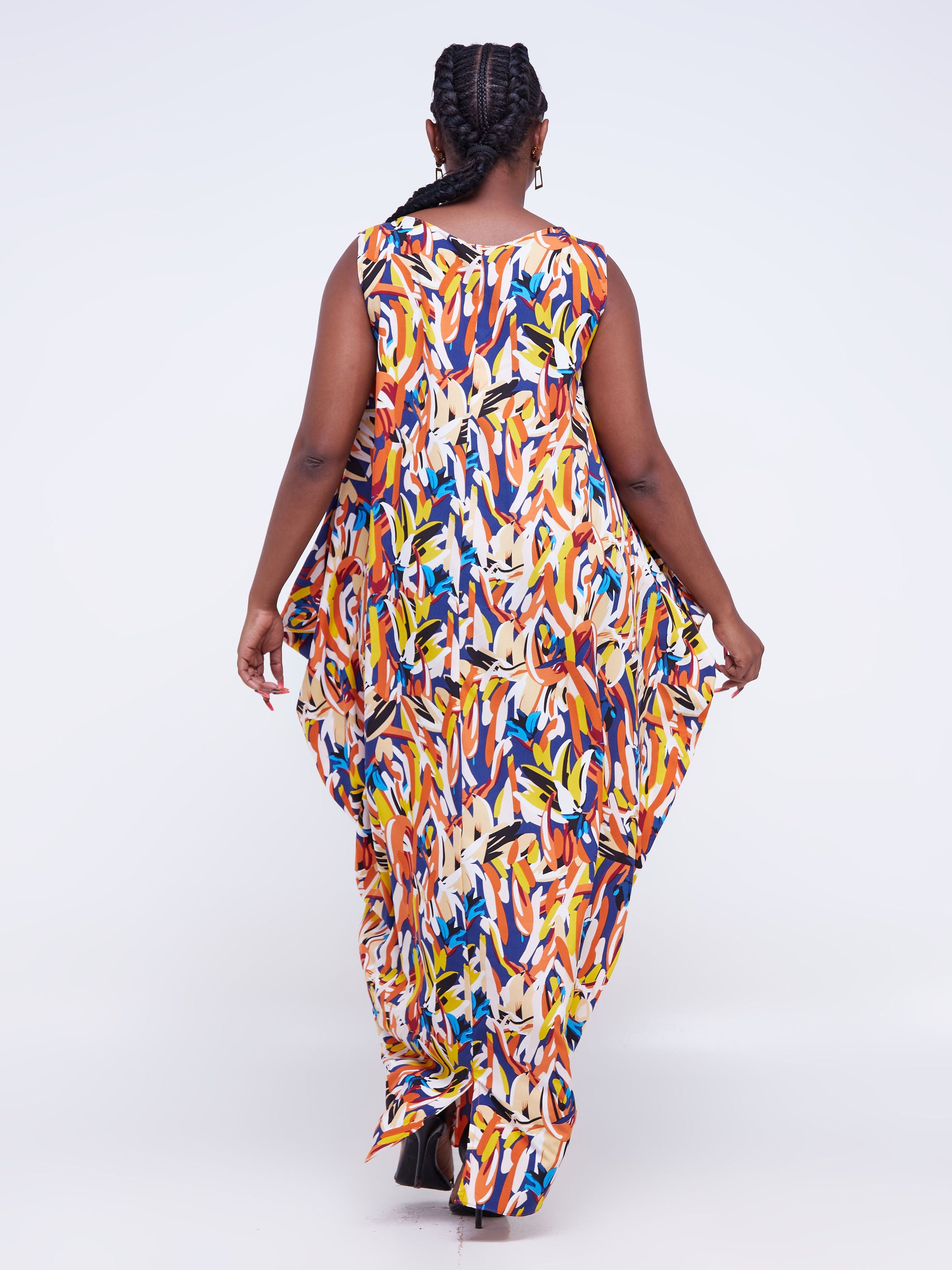 Vivo Alek Side Cowl Sleeveless Maxi Dress - Orange / Navy Blue Abstract Print