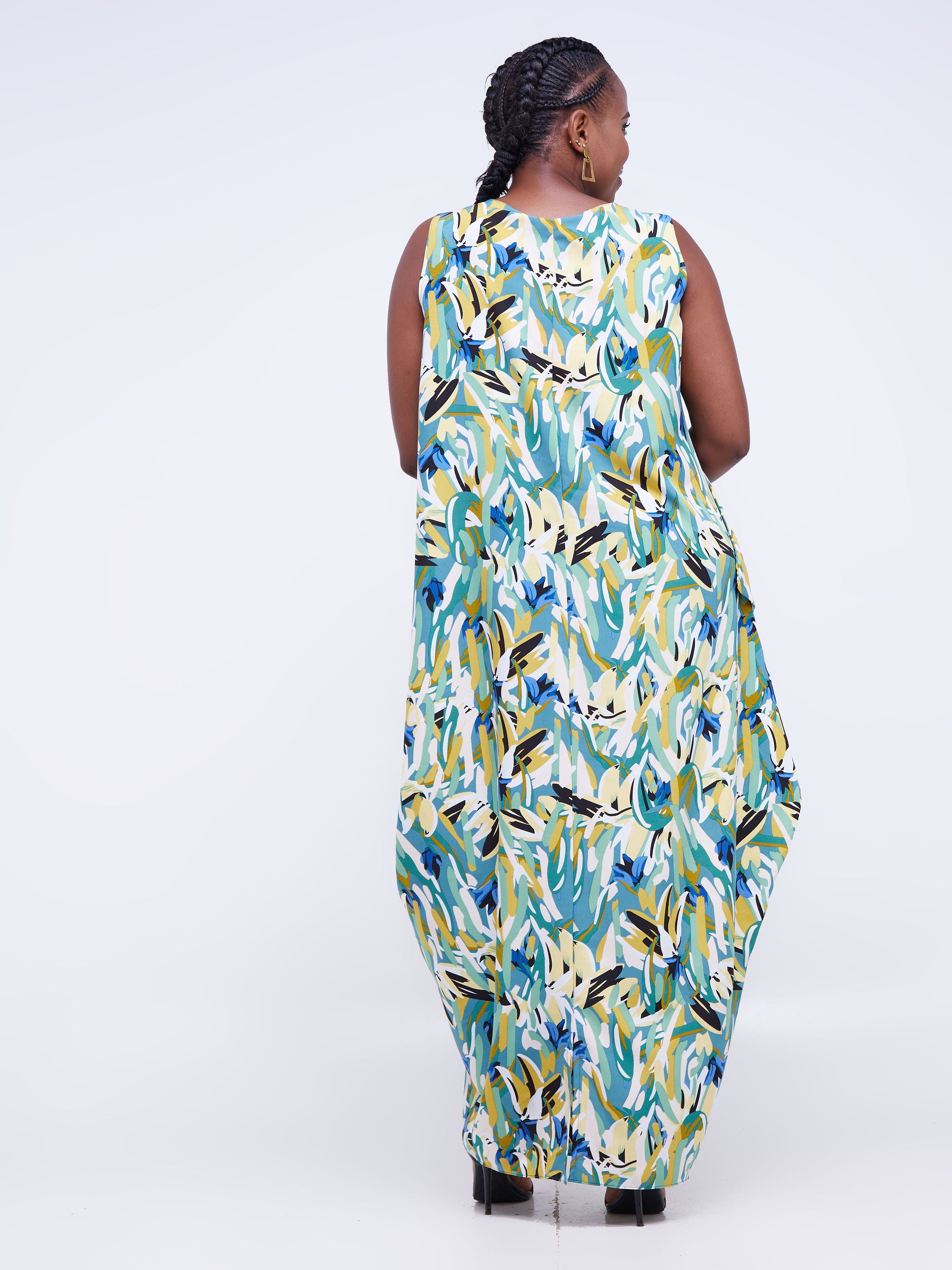 Vivo Alek Side Cowl Sleeveless Maxi Dress - Green / Yellow Abstract Print