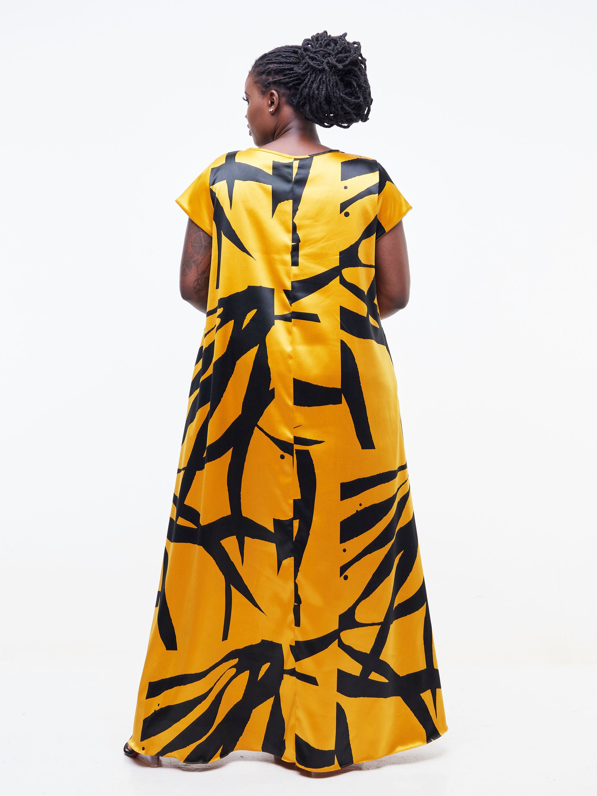 Vivo Basic Satin Cap Sleeve Tent Maxi Dress - Mustard / Black Abstract Print