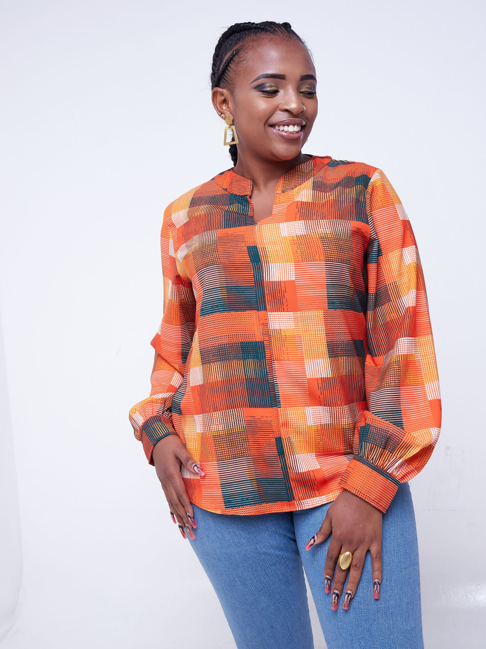 Vivo Zena Long Sleeve Mandarin Collar Top - Orange Print