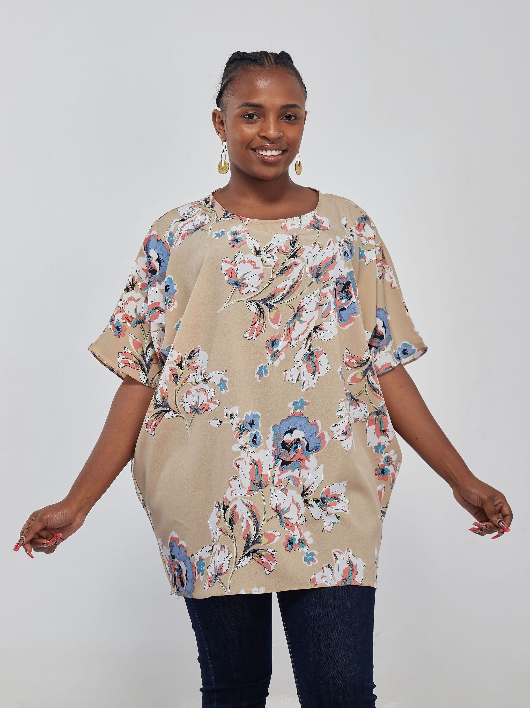 Vivo Thando Dolman Tunic Top - Taupe / Blue Floral Print