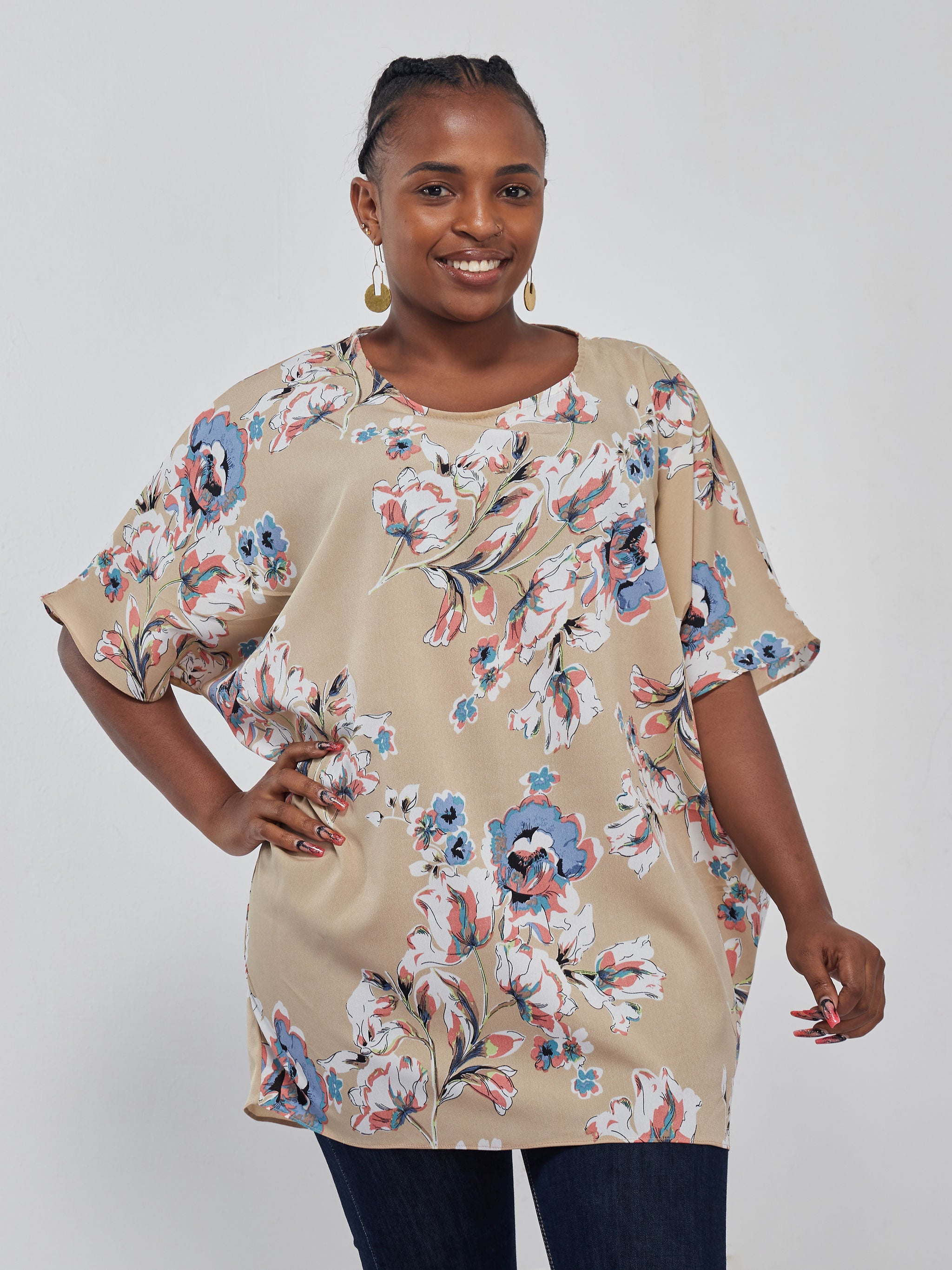 Vivo Thando Dolman Tunic Top - Taupe / Blue Floral Print