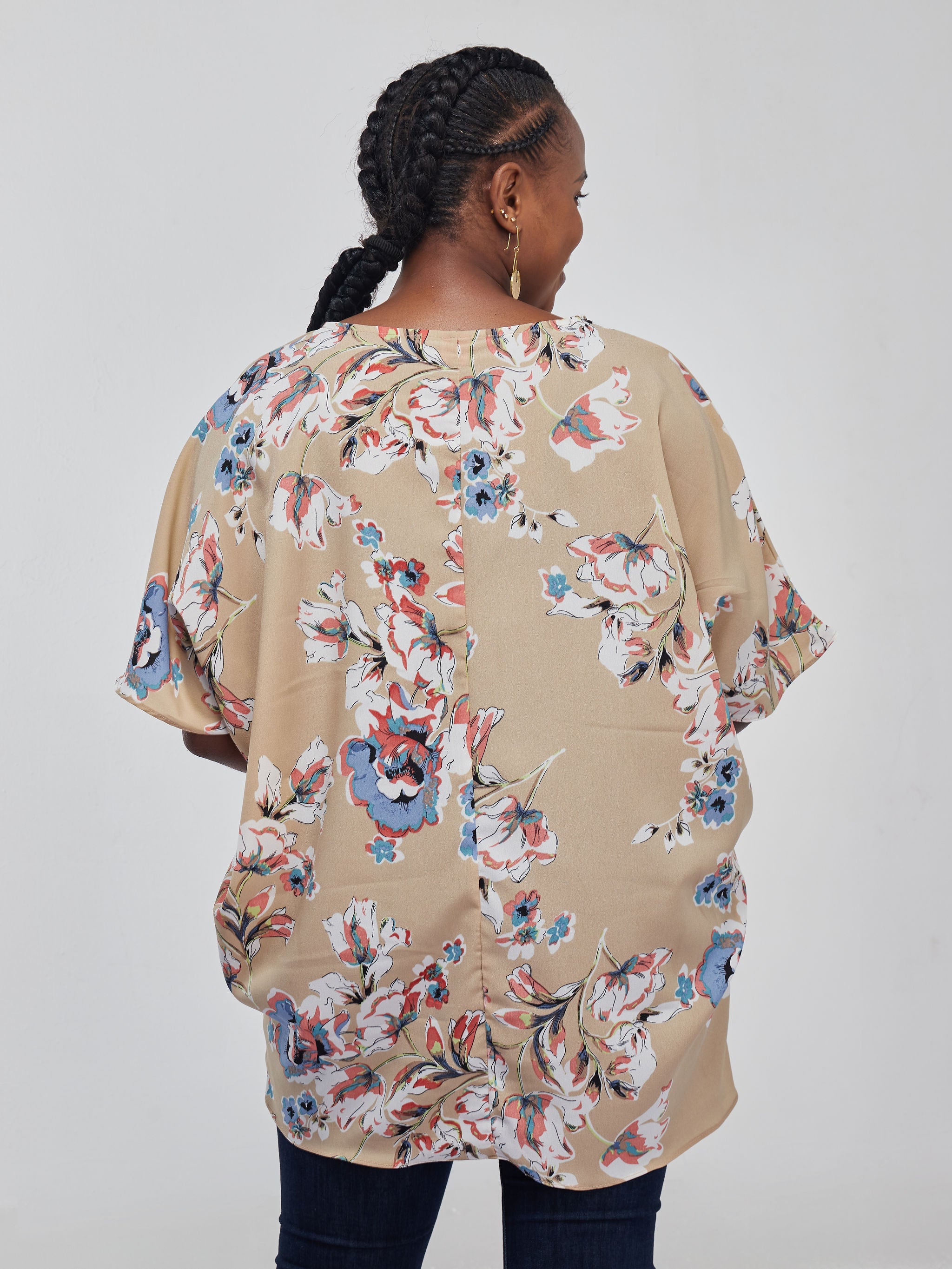 Vivo Thando Dolman Tunic Top - Taupe / Blue Floral Print