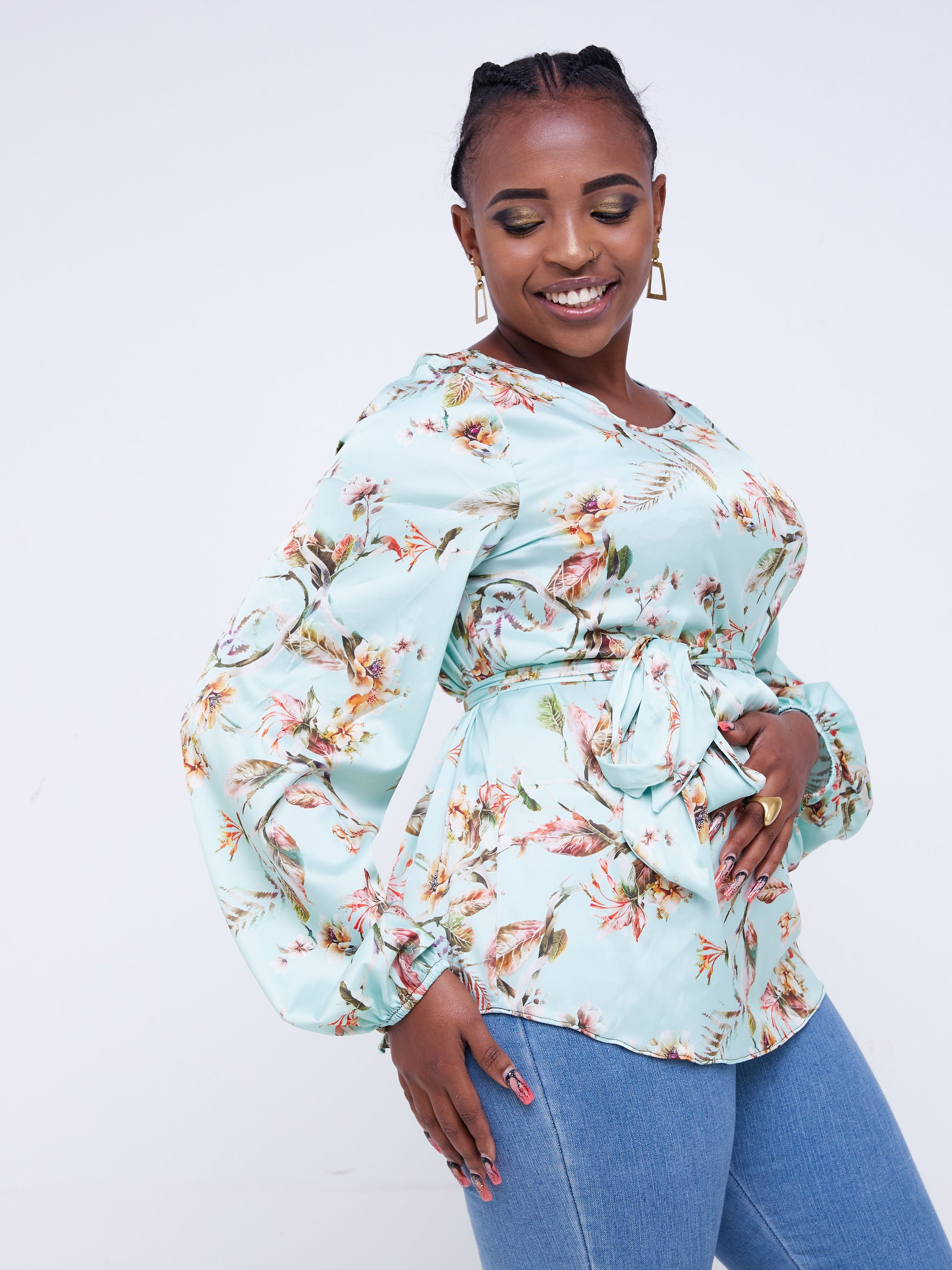 Vivo Basic Satin Bishop Sleeved Top - Green / Red Floral Print
