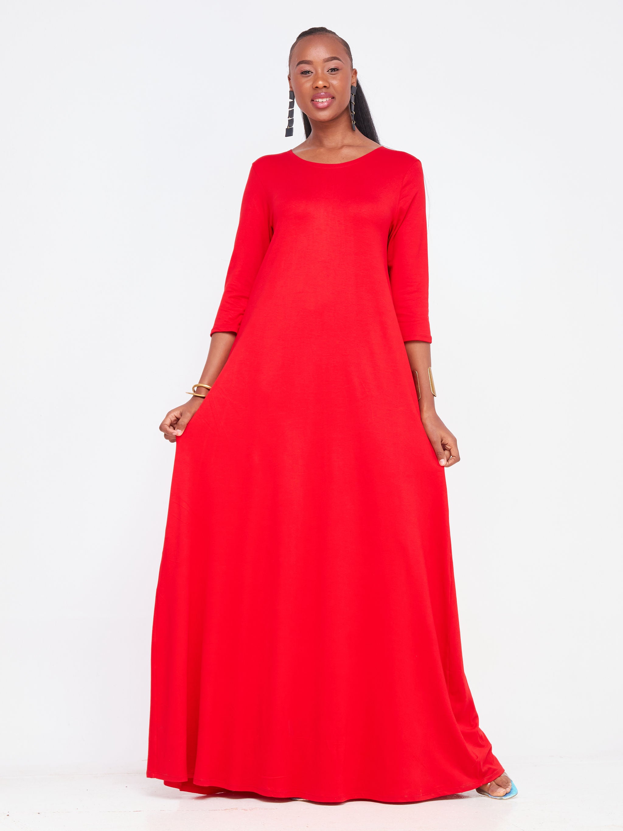 Vivo Basic Julia 3/4 Sleeve Back Pleat Maxi Dress - Red