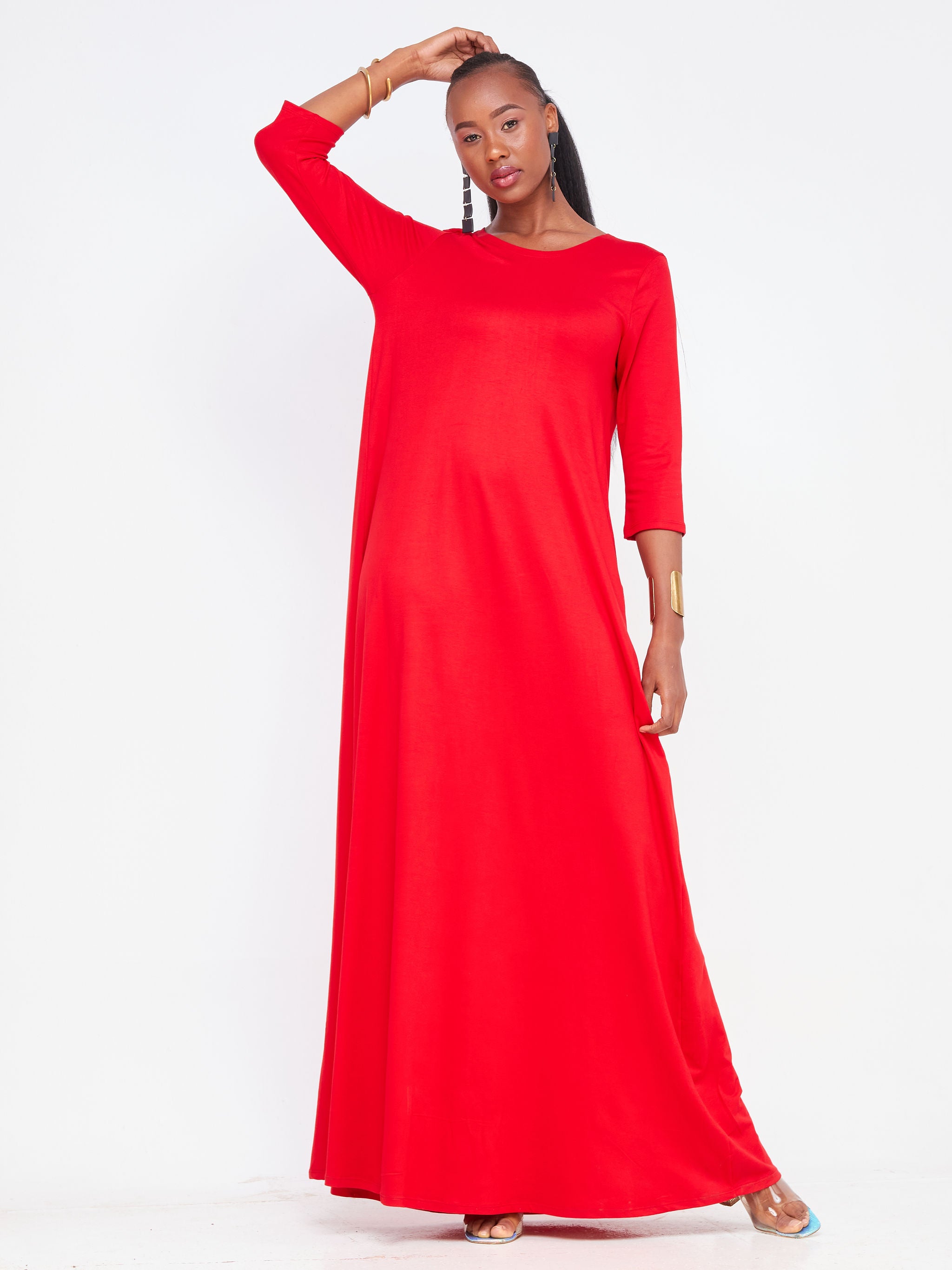 Vivo Basic Julia 3/4 Sleeve Back Pleat Maxi Dress - Red