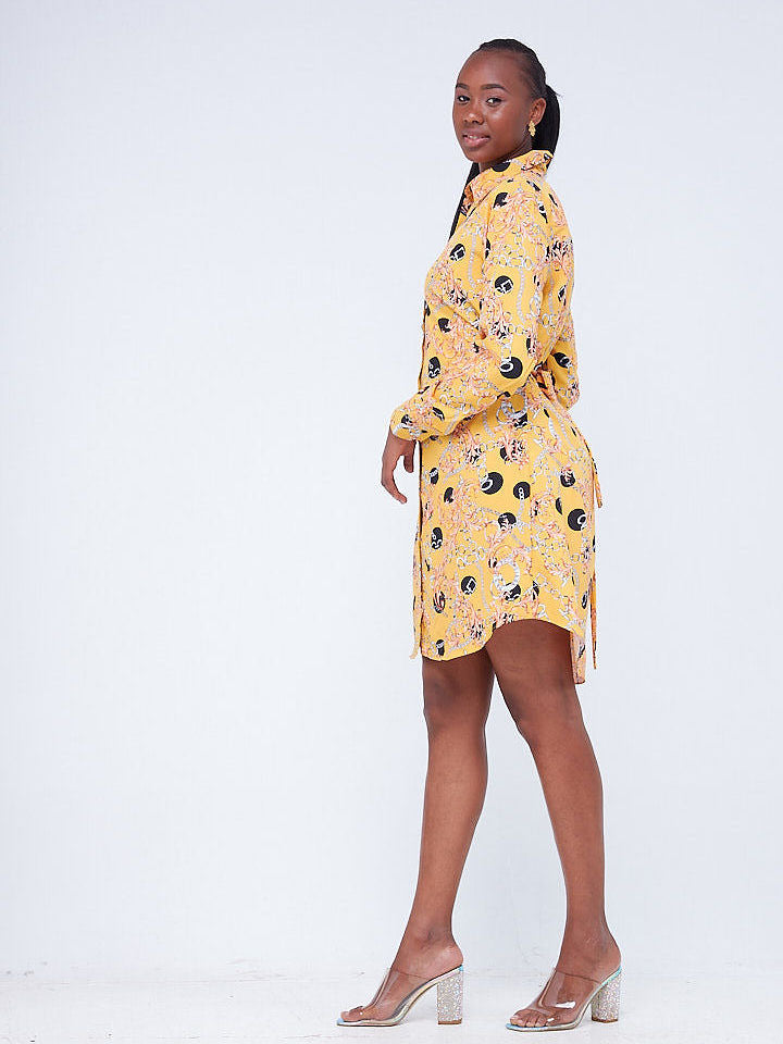 Vivo Basic Knee Length Shirt Dress - Yellow Abstract Print