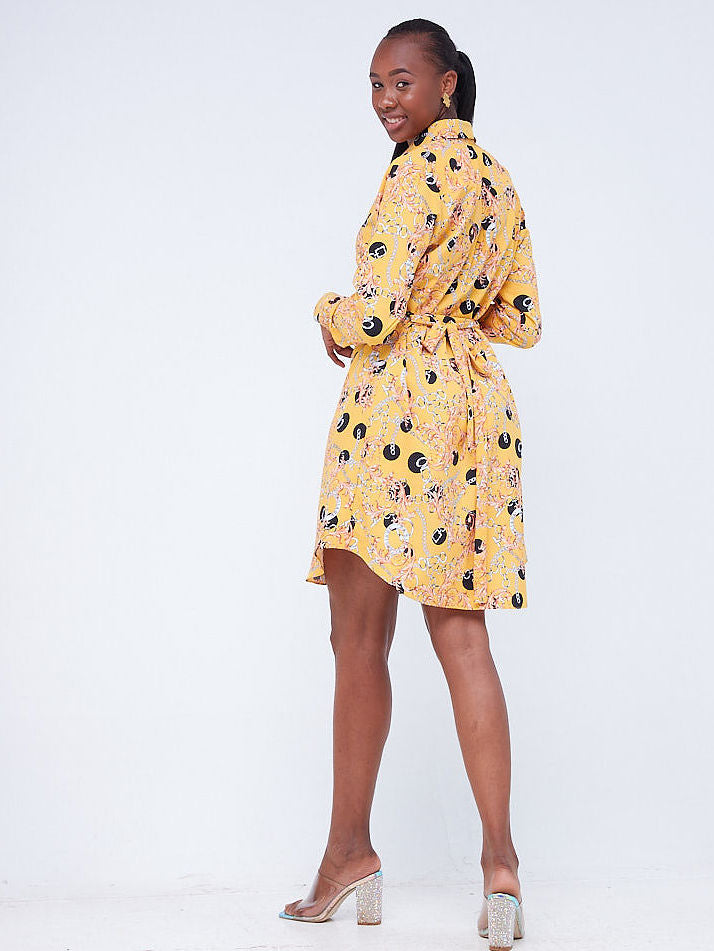 Vivo Basic Knee Length Shirt Dress - Yellow Abstract Print