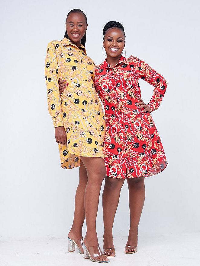 Vivo Basic Knee Length Shirt Dress - Yellow Abstract Print