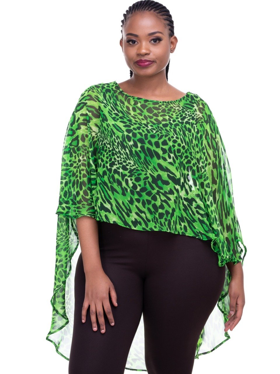 Liv Cape Chiffon Top - Green Print - Shop Zetu