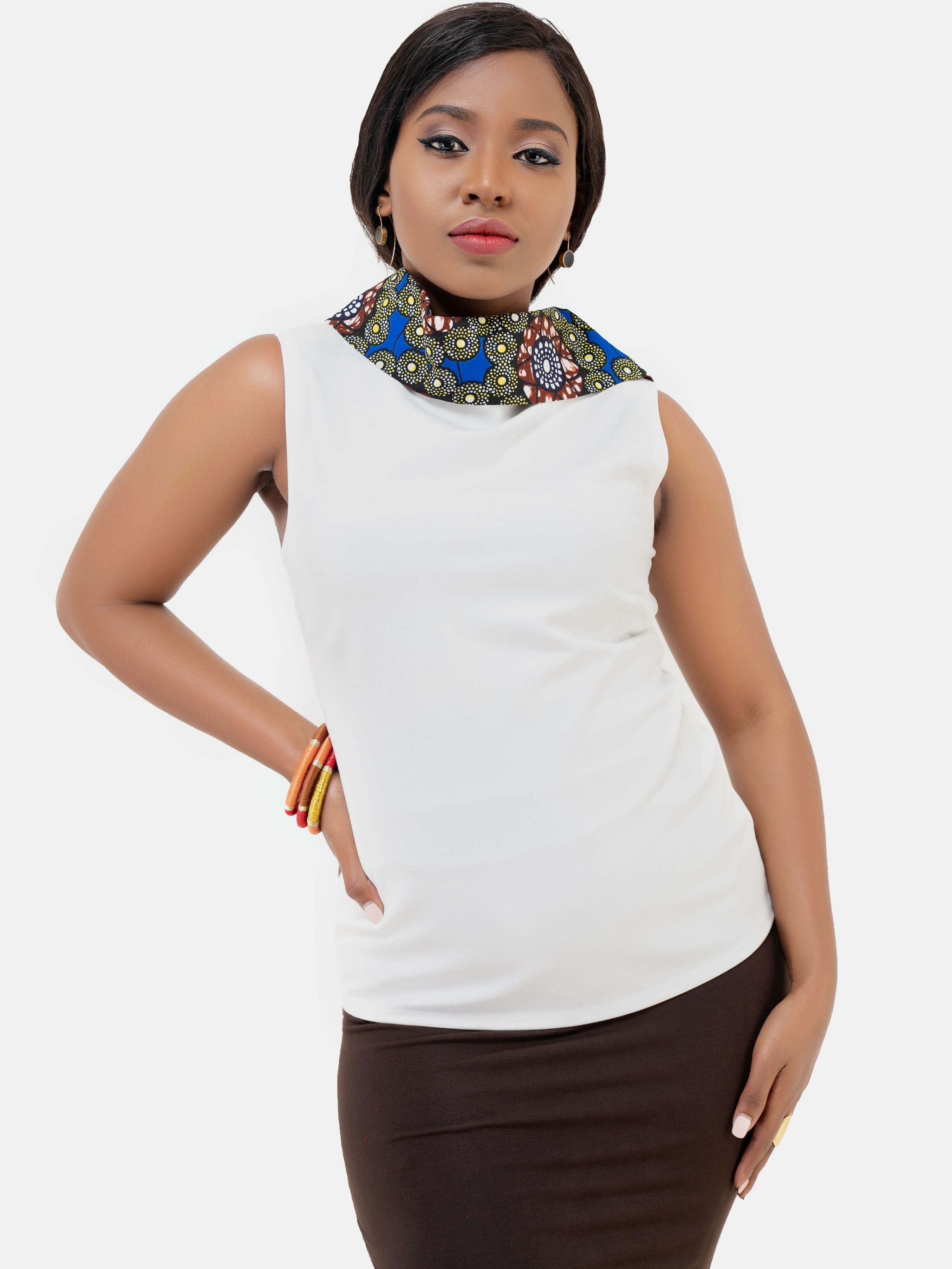 Vivo Lome Collar Top - White Print - Shop Zetu