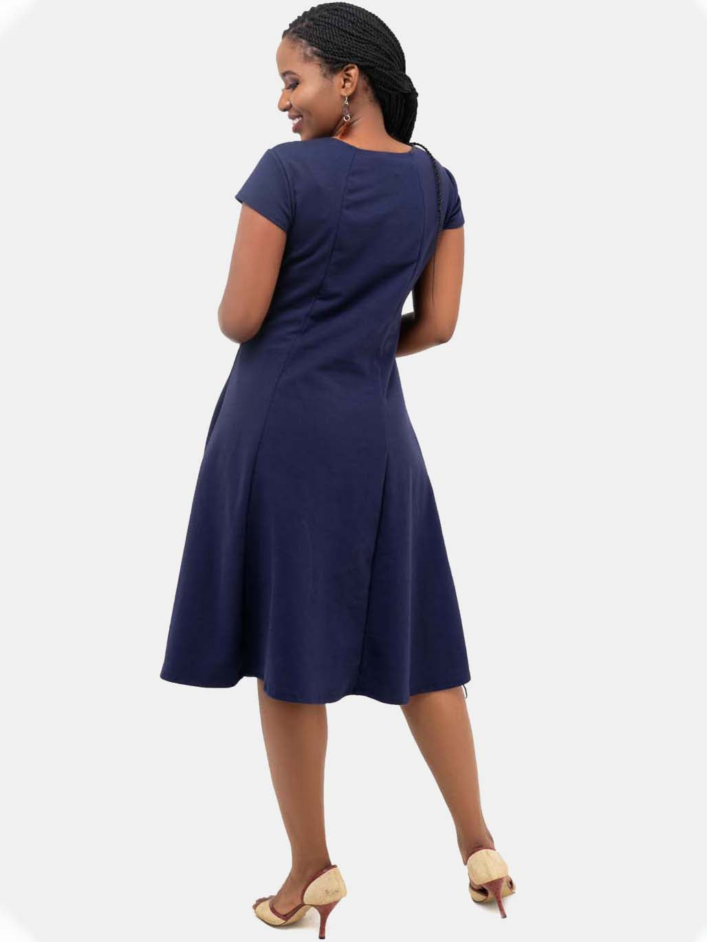 Vivo Basic Panelled A-Line Cap Sleeved Dress - Navy Blue