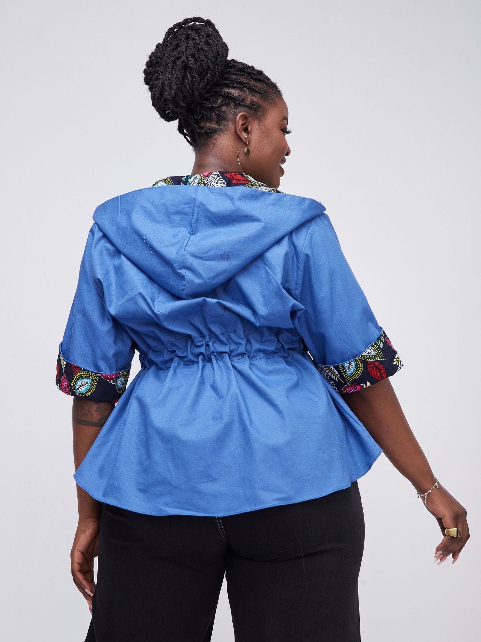 Safari Kaya 3/4 Sleeve Hoodie Peplum Shacket - Blue / Blue Ankara Print - Shop Zetu Kenya