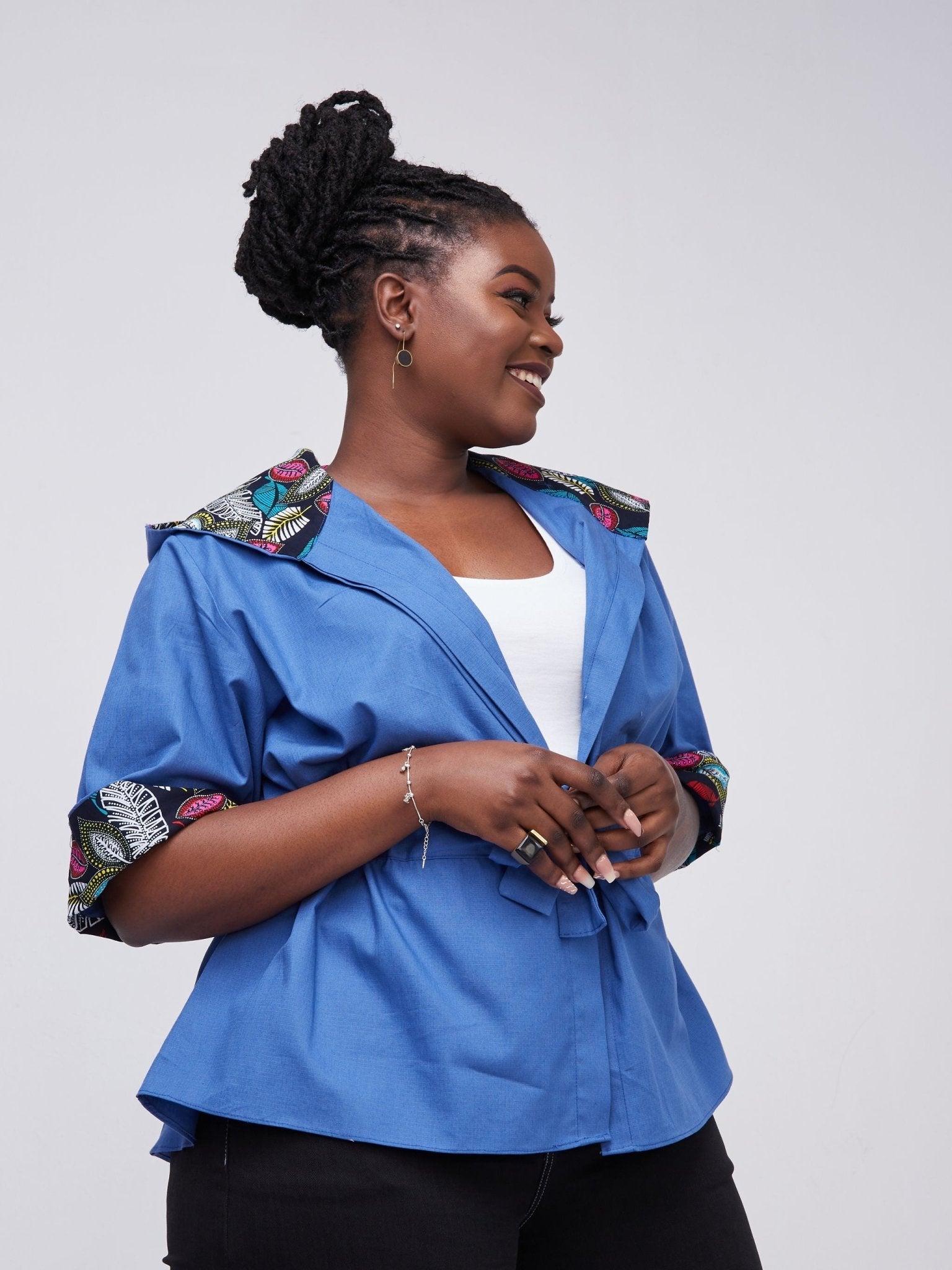 Safari Kaya 3/4 Sleeve Hoodie Peplum Shacket - Blue / Blue Ankara Print - Shop Zetu Kenya