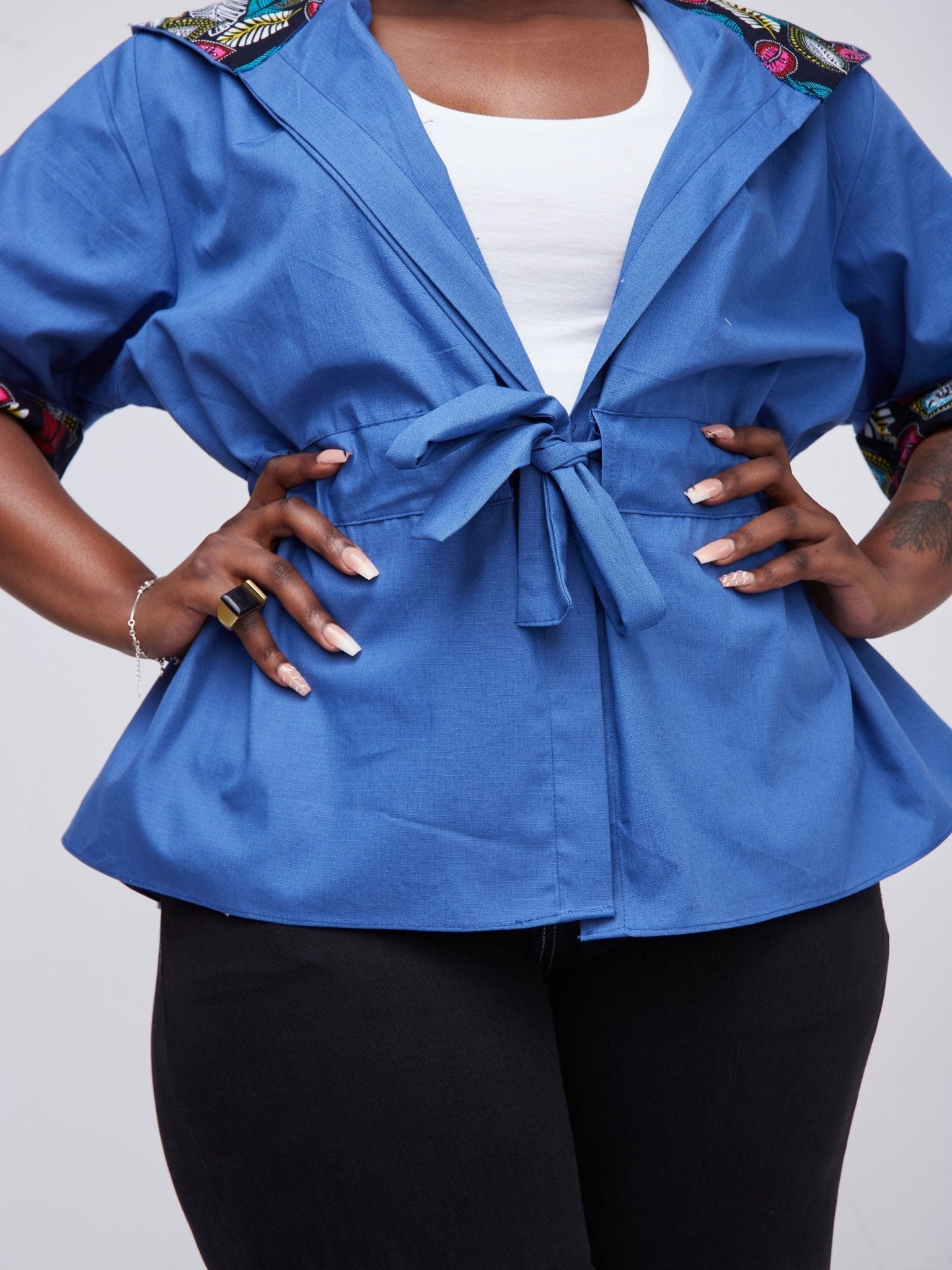 Safari Kaya 3/4 Sleeve Hoodie Peplum Shacket - Blue / Blue Ankara Print - Shop Zetu Kenya