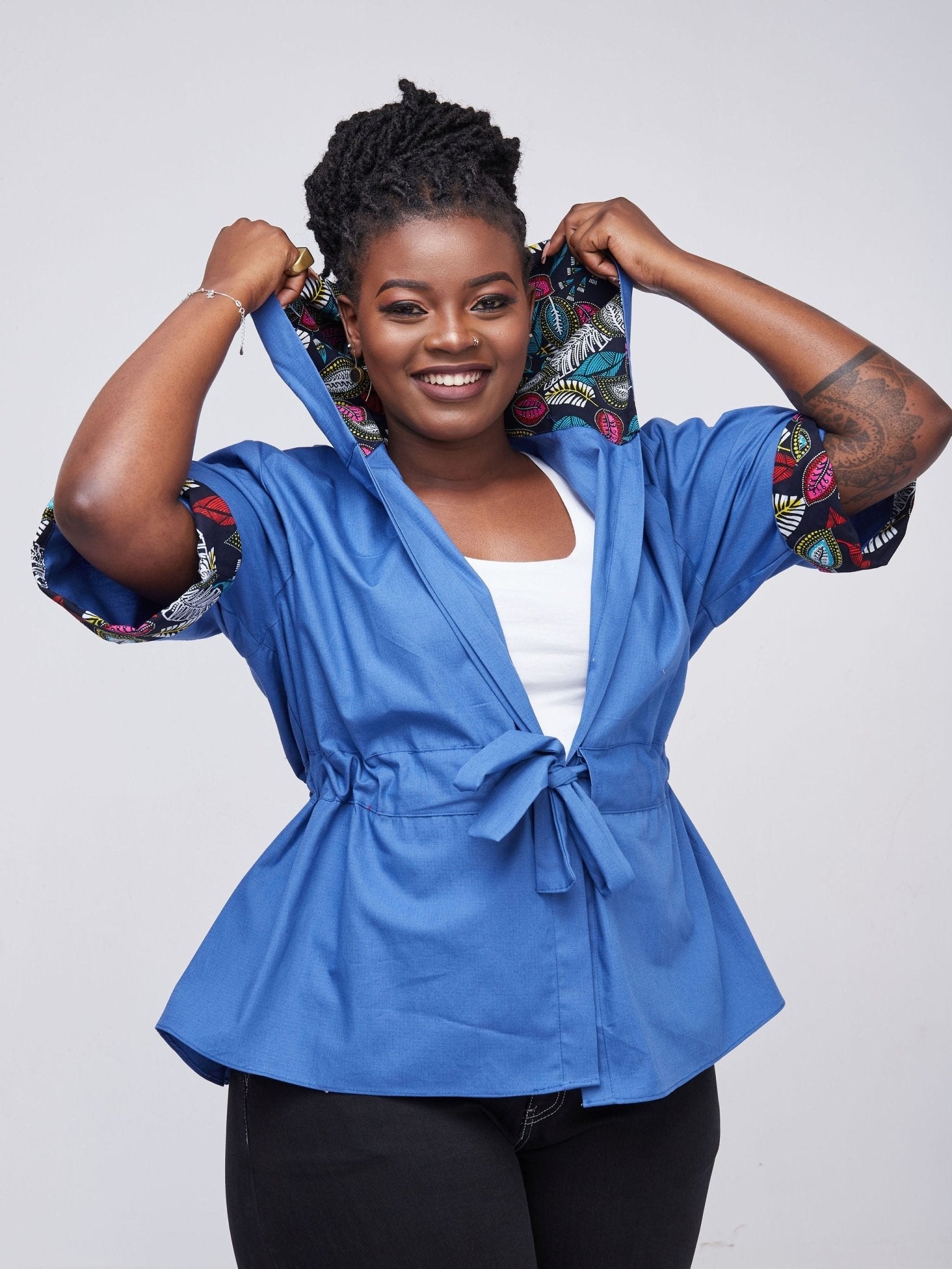 Safari Kaya 3/4 Sleeve Hoodie Peplum Shacket - Blue / Blue Ankara Print - Shop Zetu Kenya