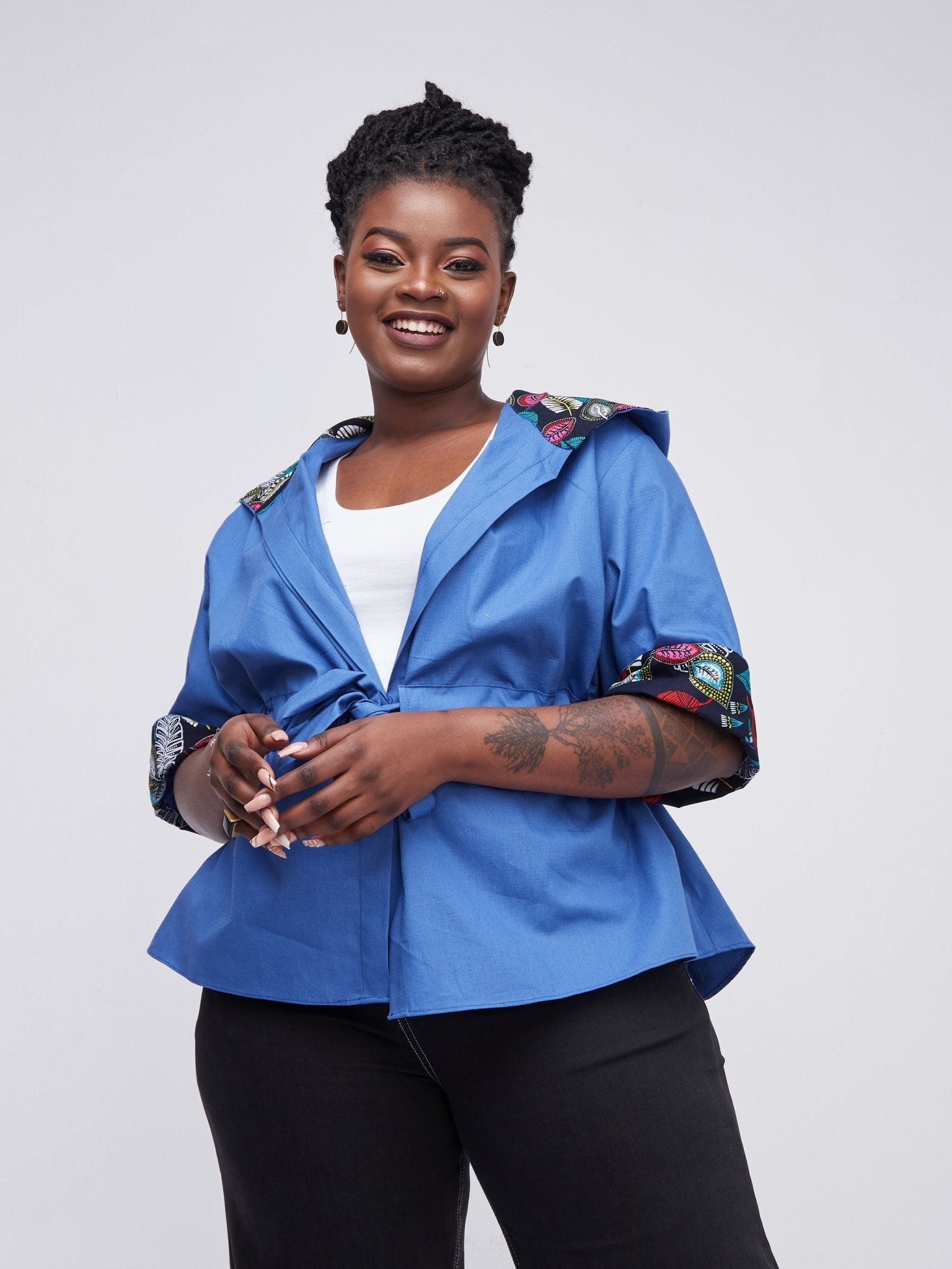 Safari Kaya 3/4 Sleeve Hoodie Peplum Shacket - Blue / Blue Ankara Print - Shop Zetu Kenya